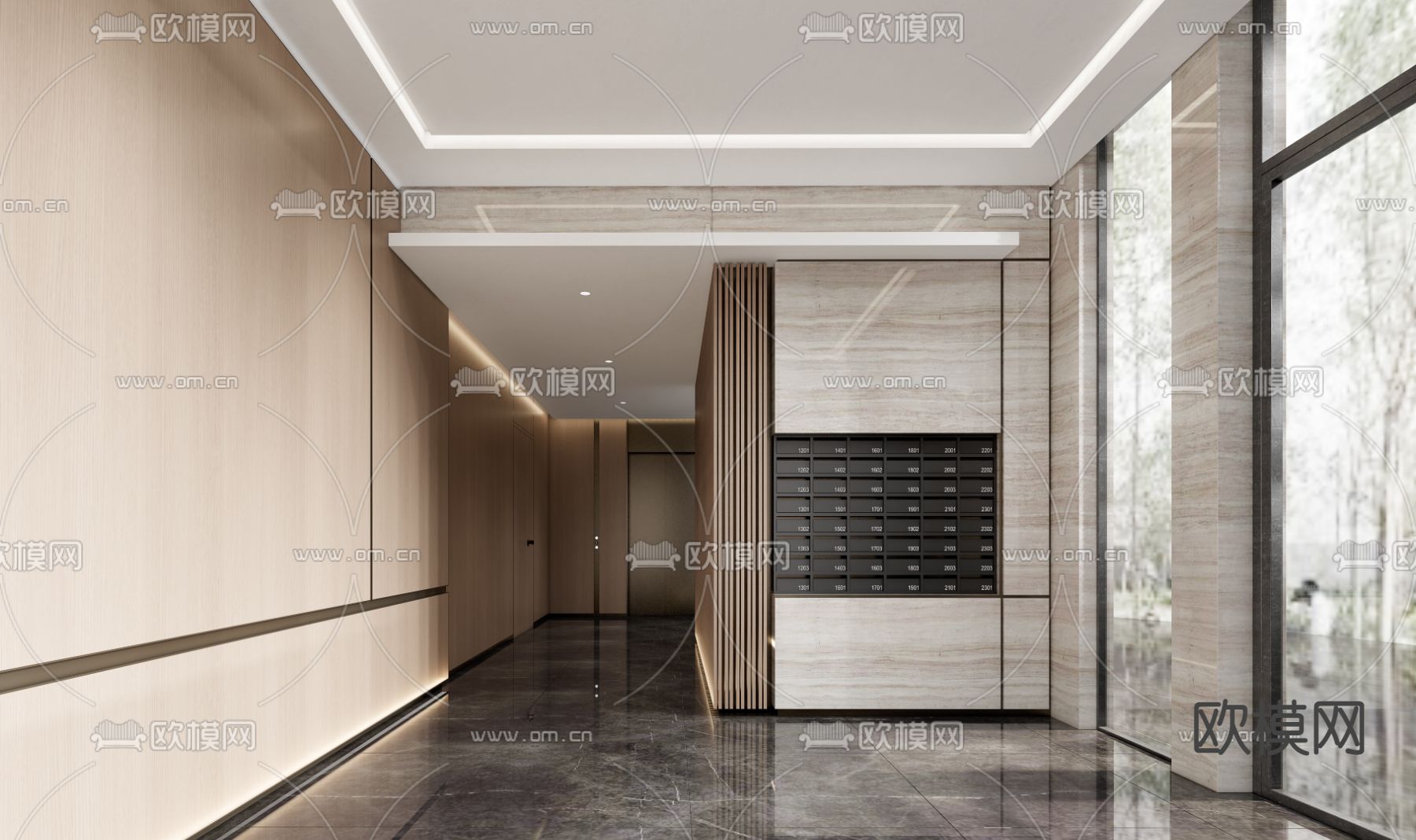 现代电梯厅 邮件箱su模型下载（渲染图1）
