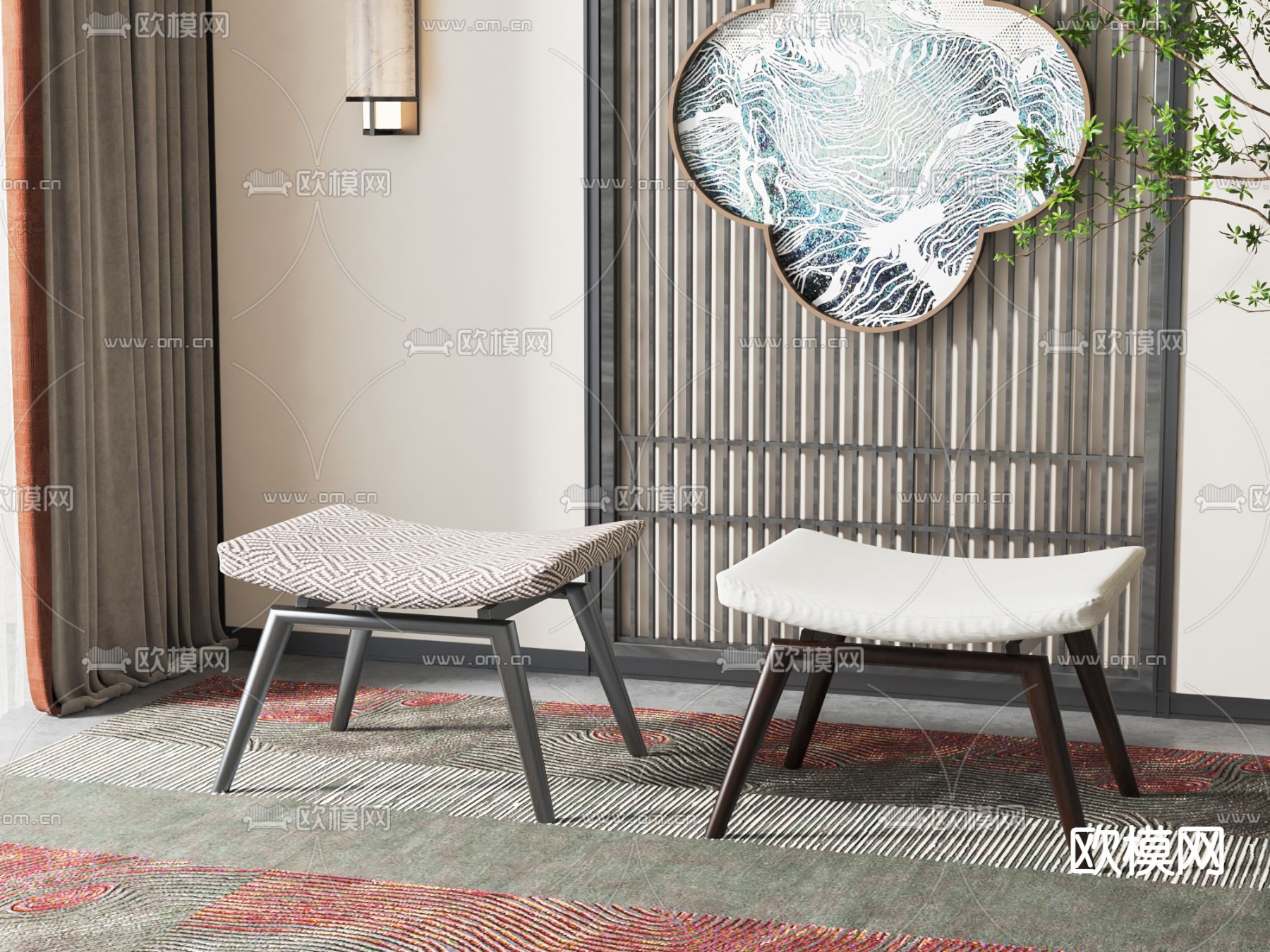 新中式换鞋凳su模型下载（渲染图1）