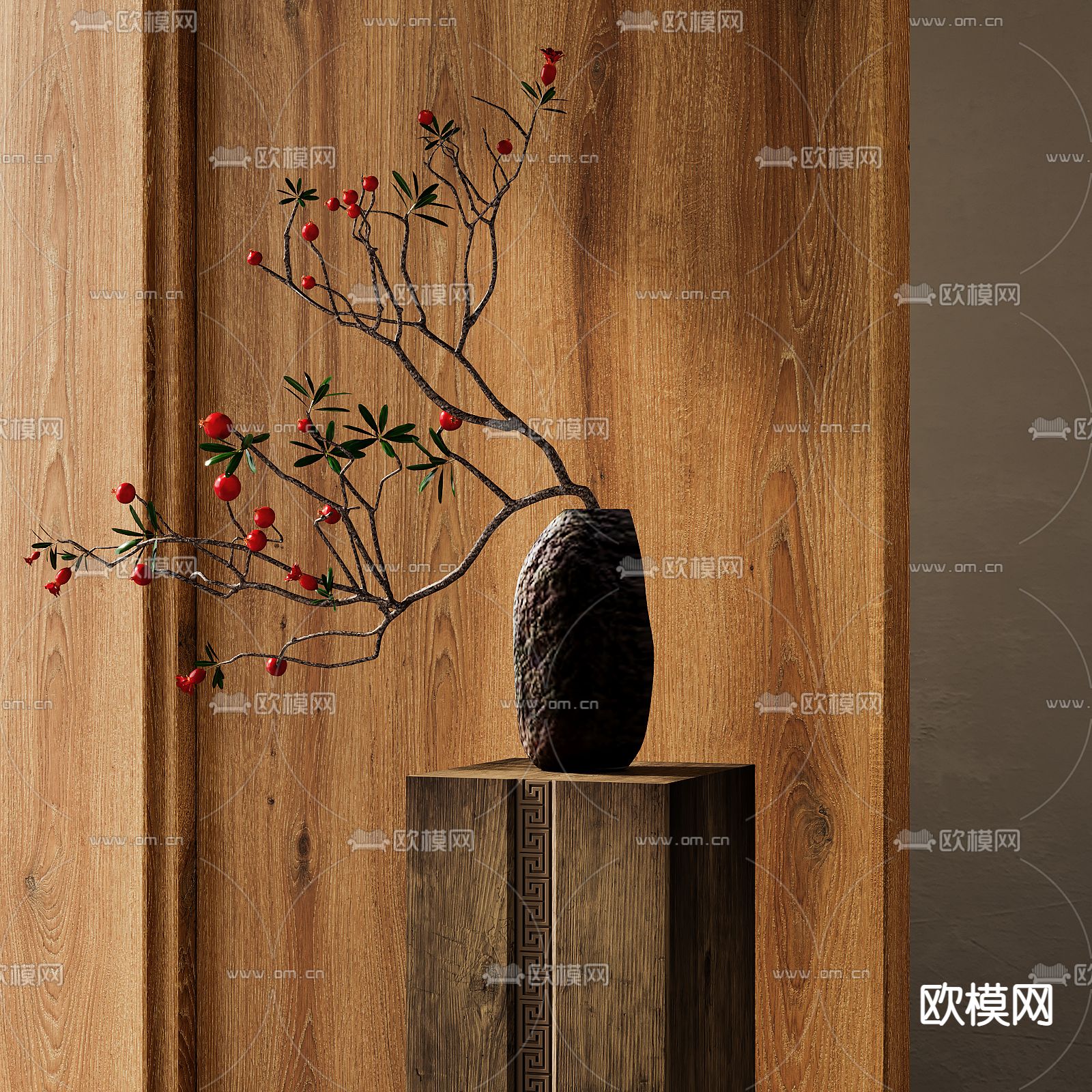 侘寂陶罐 花瓶 干枝3d模型下载