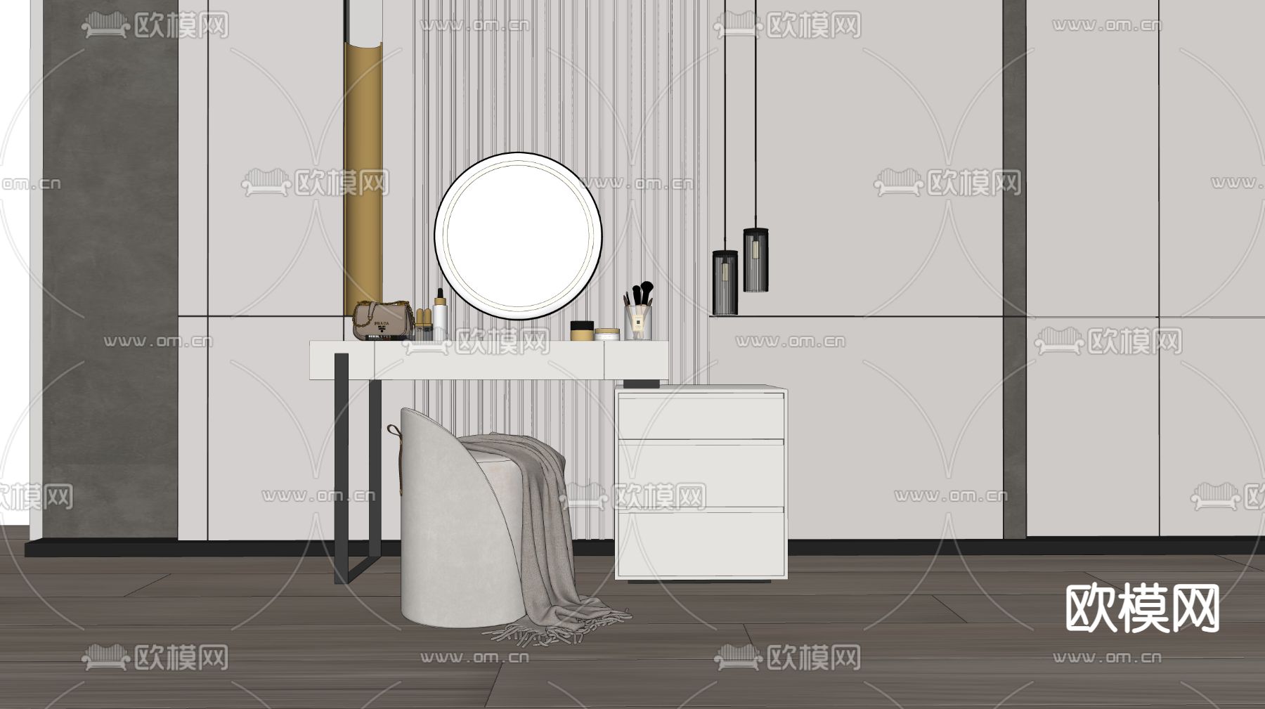现代梳妆台su模型下载（渲染图2）