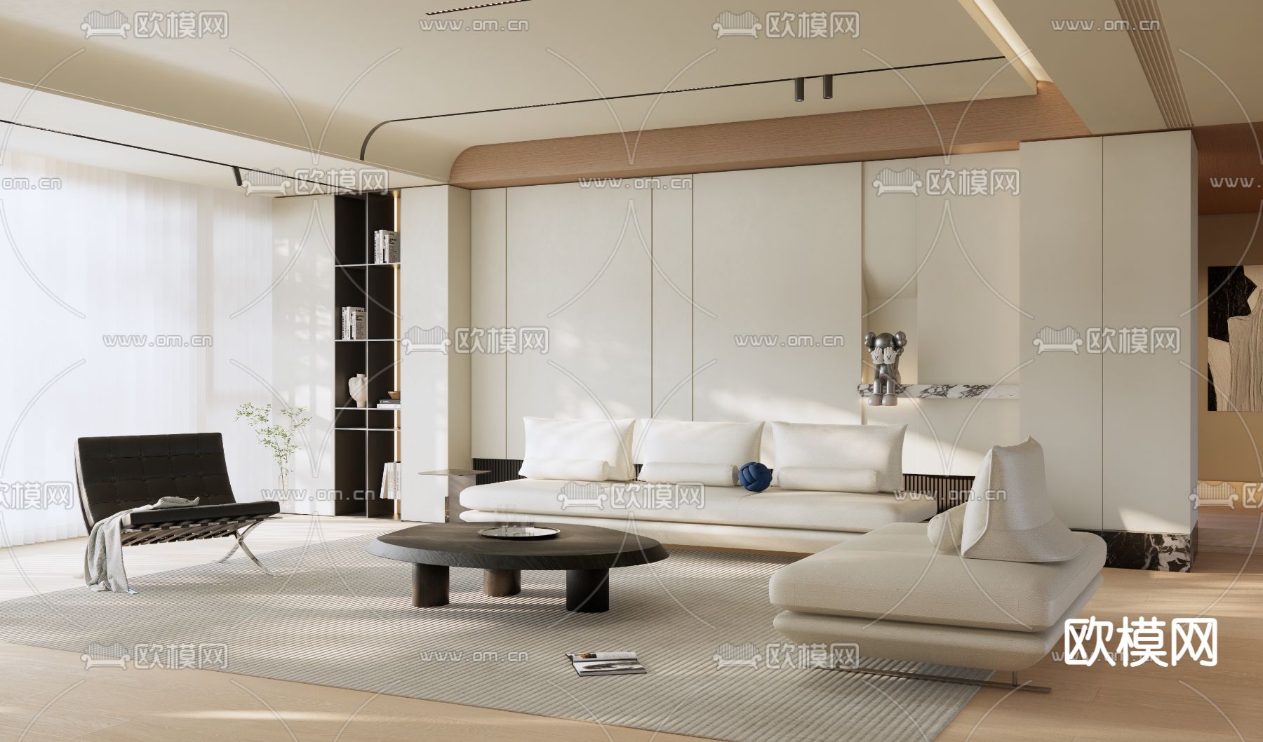 奶油风客厅su模型下载（渲染图2）