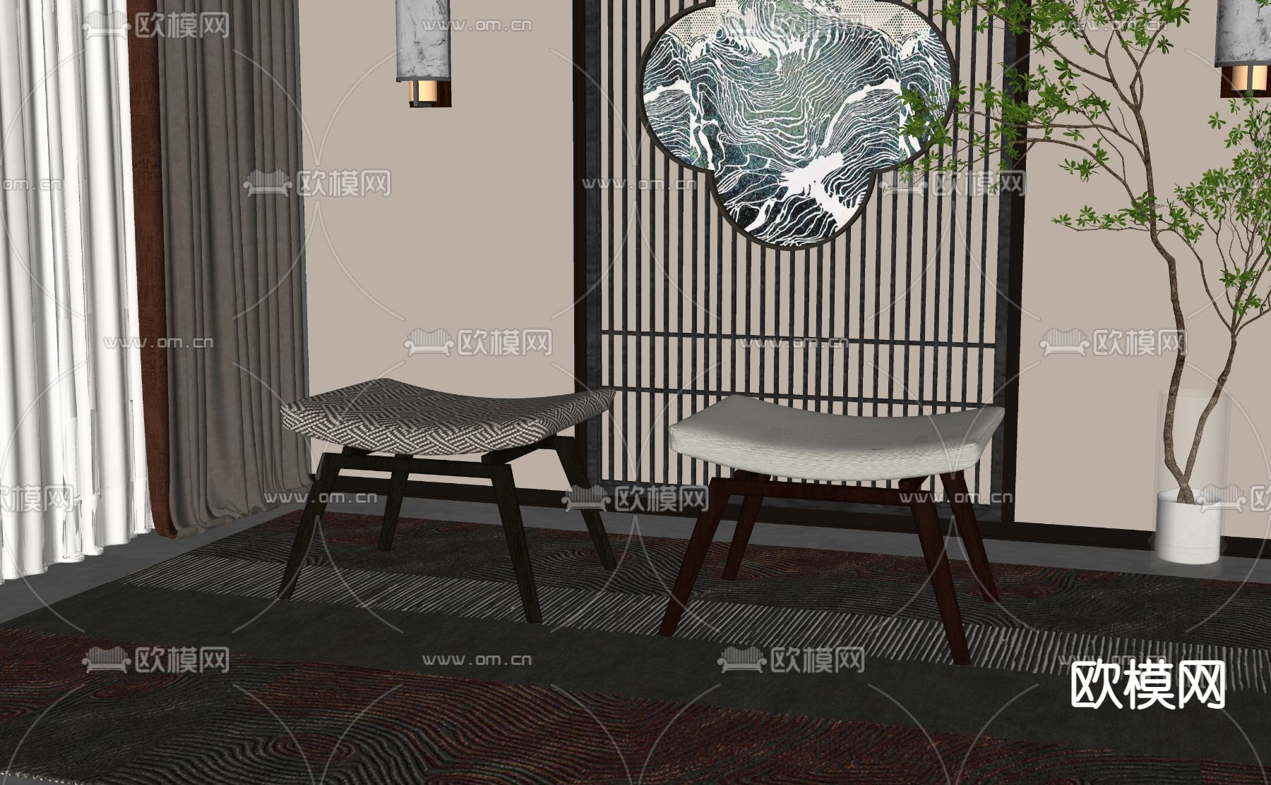 新中式换鞋凳su模型下载（渲染图2）