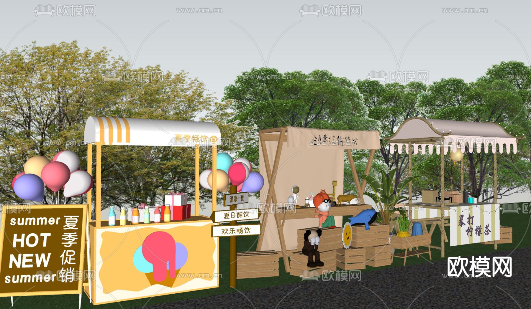 流动摊位  售货亭 小吃摊su模型下载（渲染图2）
