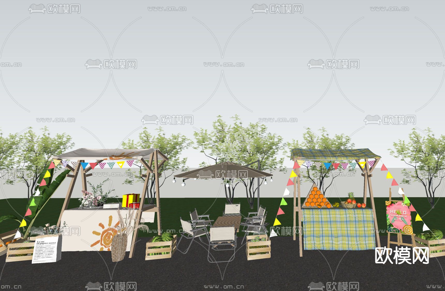 流动摊位 户外桌椅su模型下载（渲染图2）