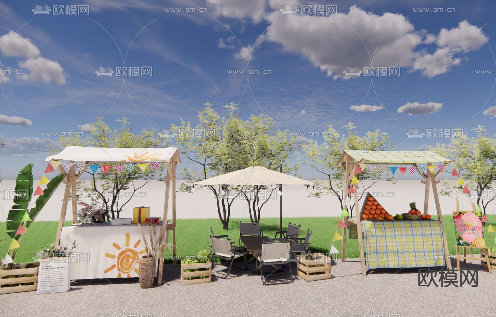 流动摊位 户外桌椅su模型下载（渲染图1）