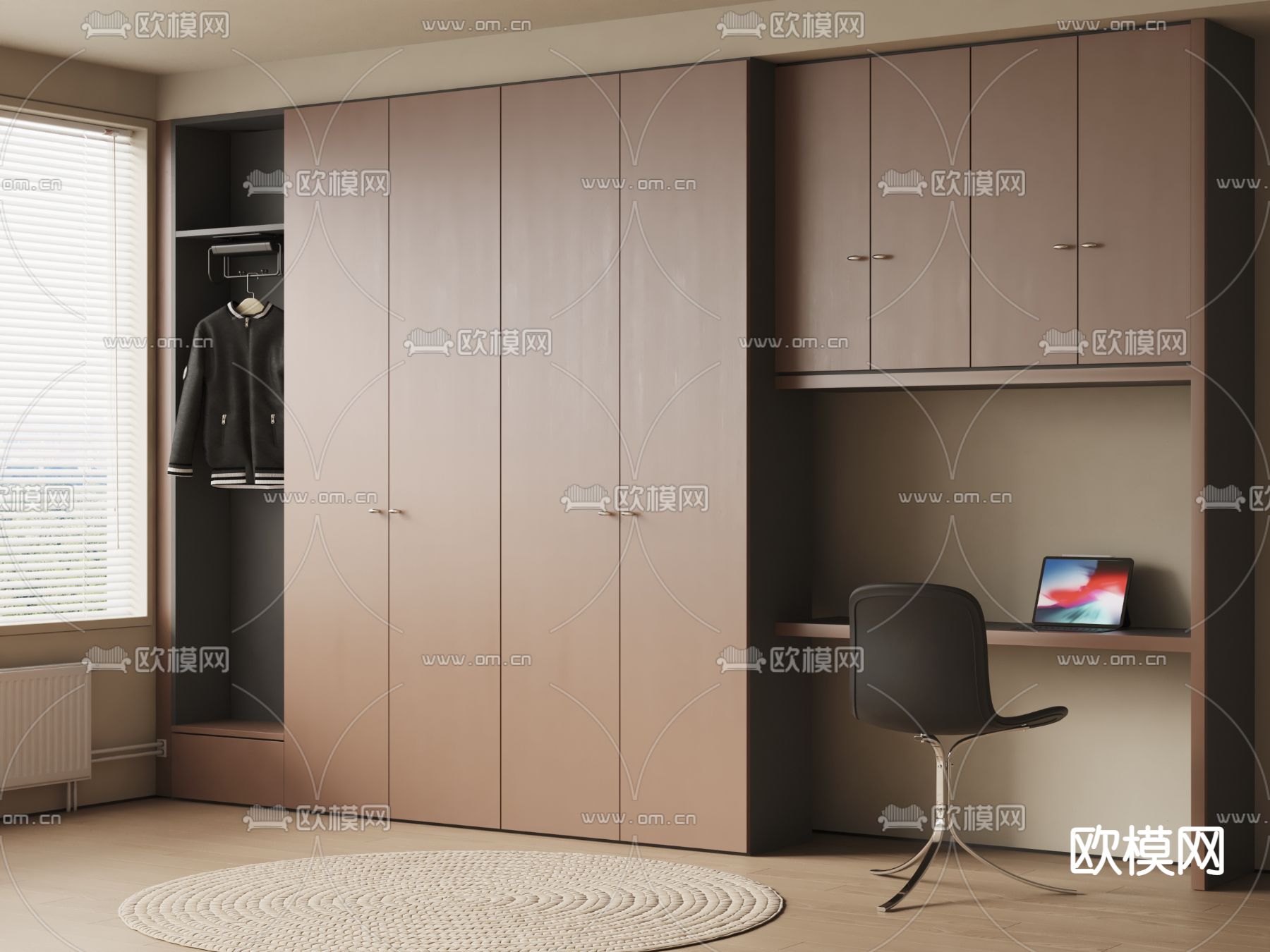 一体式衣柜 书桌椅su模型下载（渲染图1）