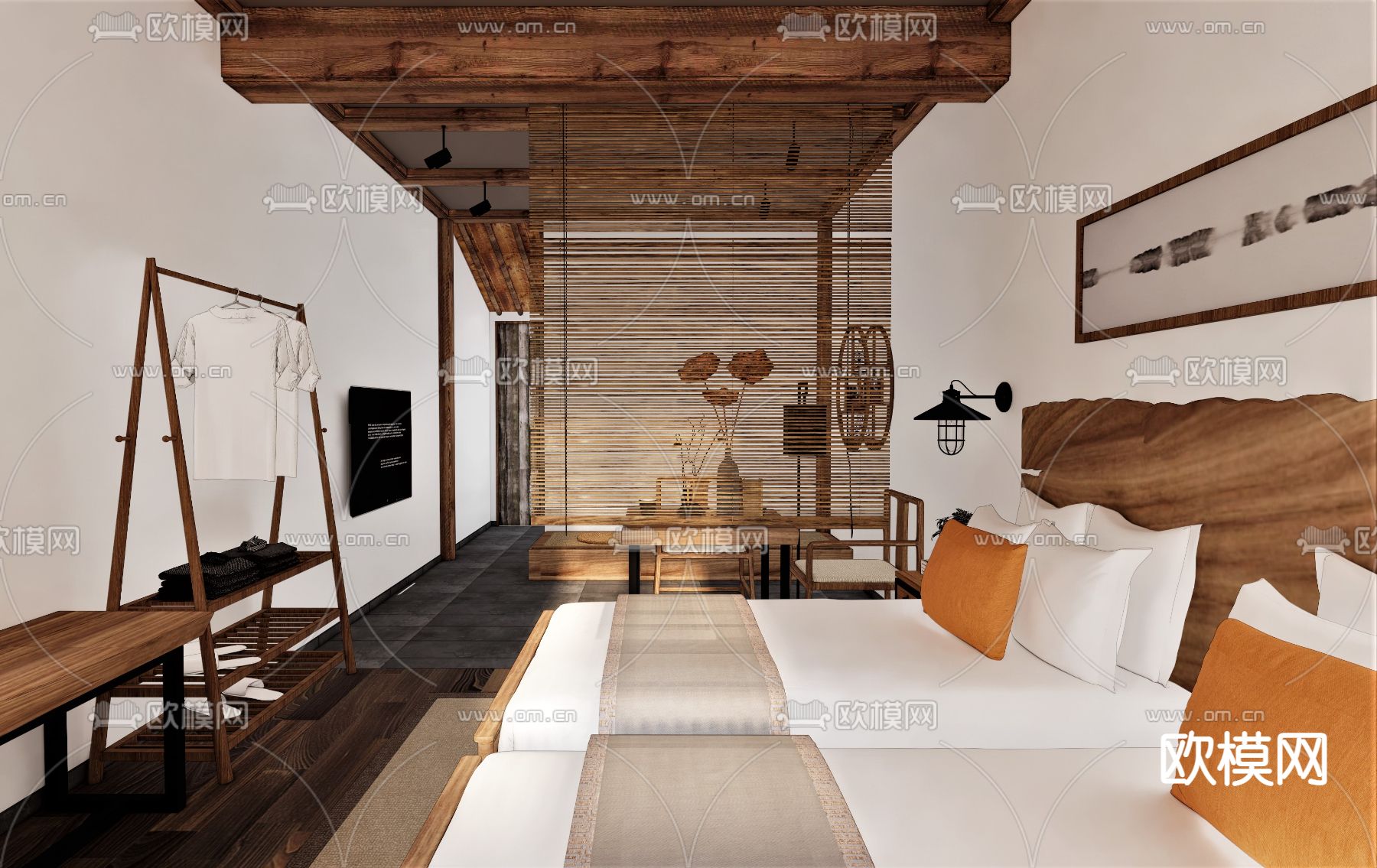 民宿客房 双床房su模型下载（渲染图1）