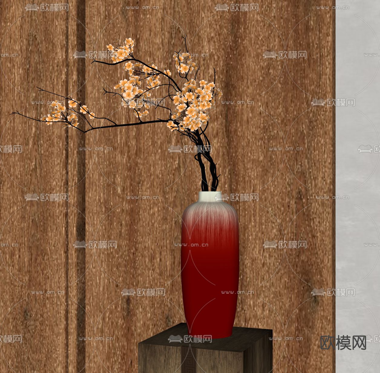 新中式花枝 陶罐 插花 花瓶su模型