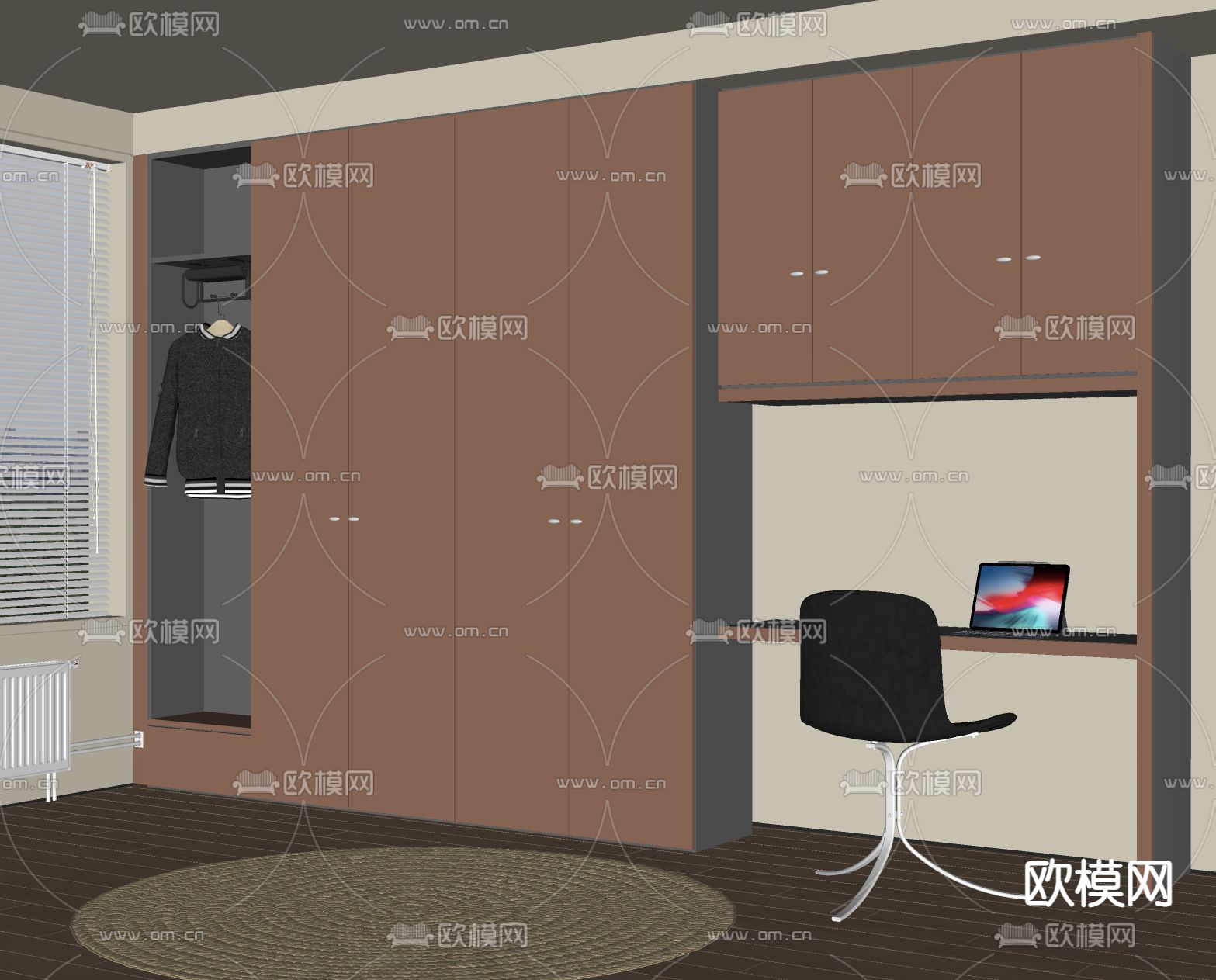 一体式衣柜 书桌椅su模型下载（渲染图2）