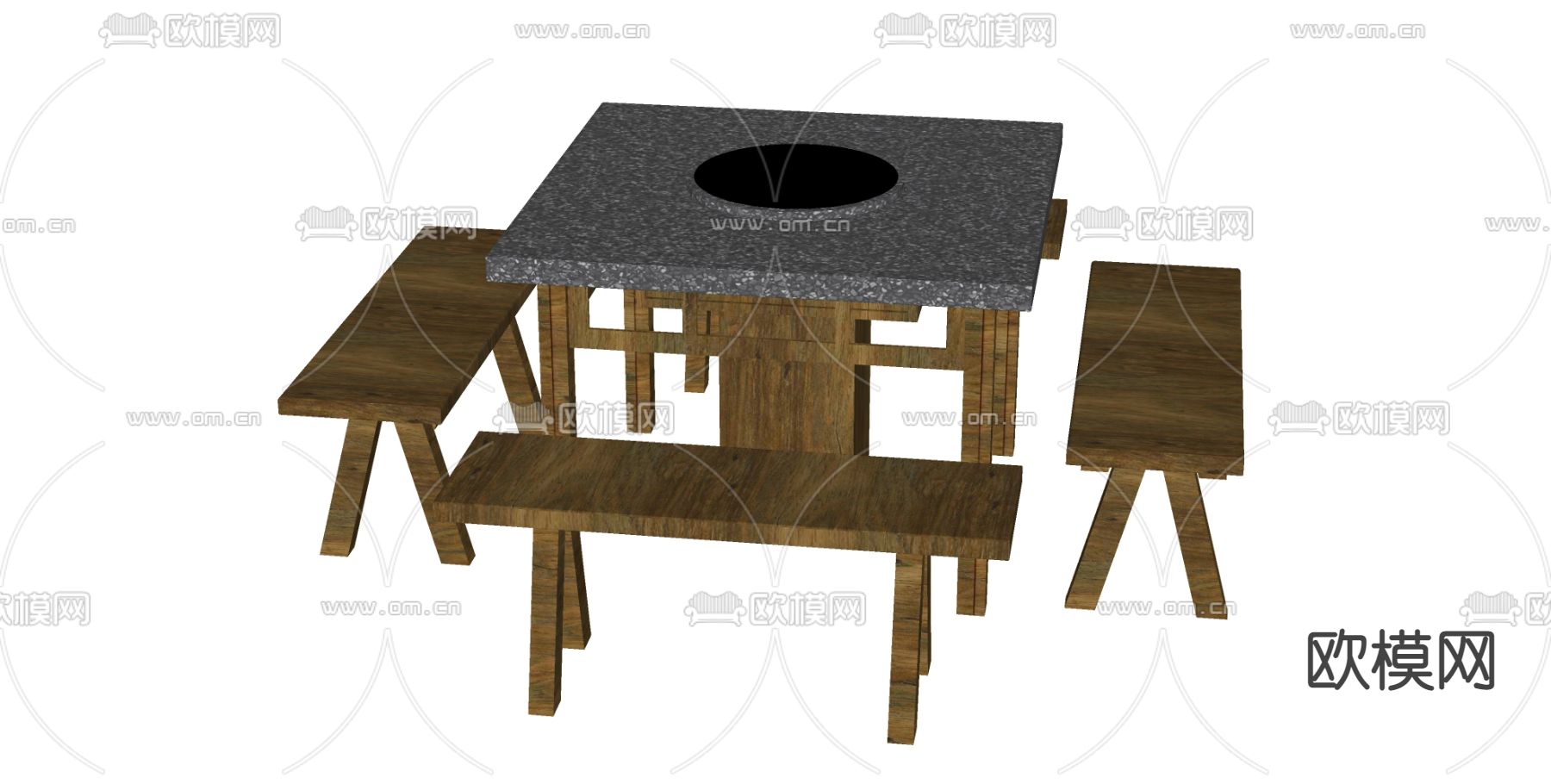中式火锅桌 餐桌椅su模型下载（渲染图2）