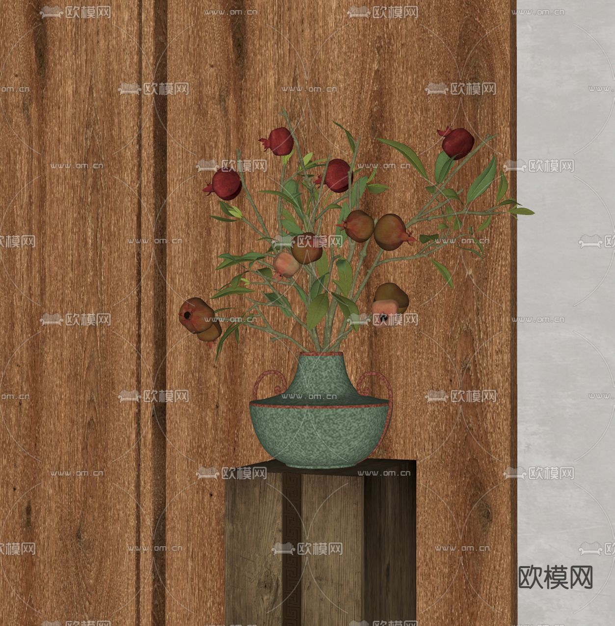 石榴枝 陶罐 插花 花瓶su模型