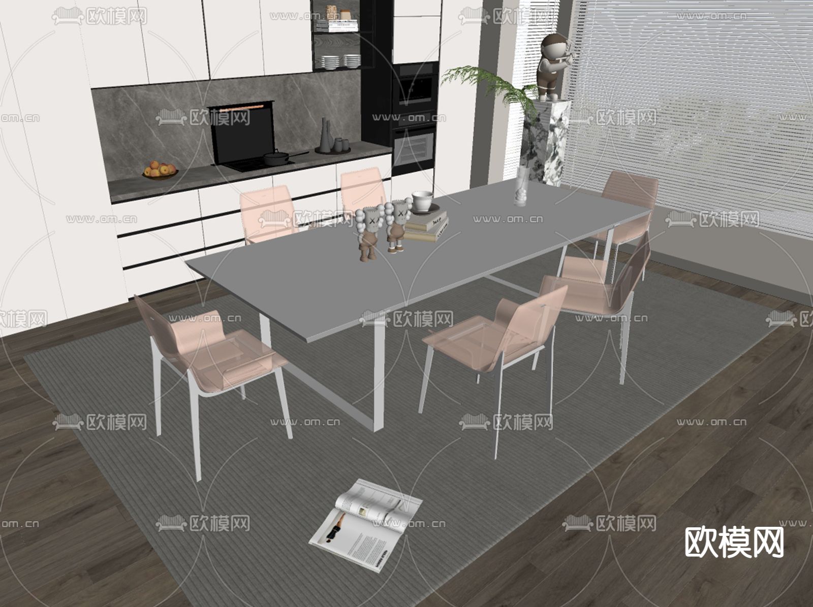 长条餐桌椅su模型下载（渲染图2）