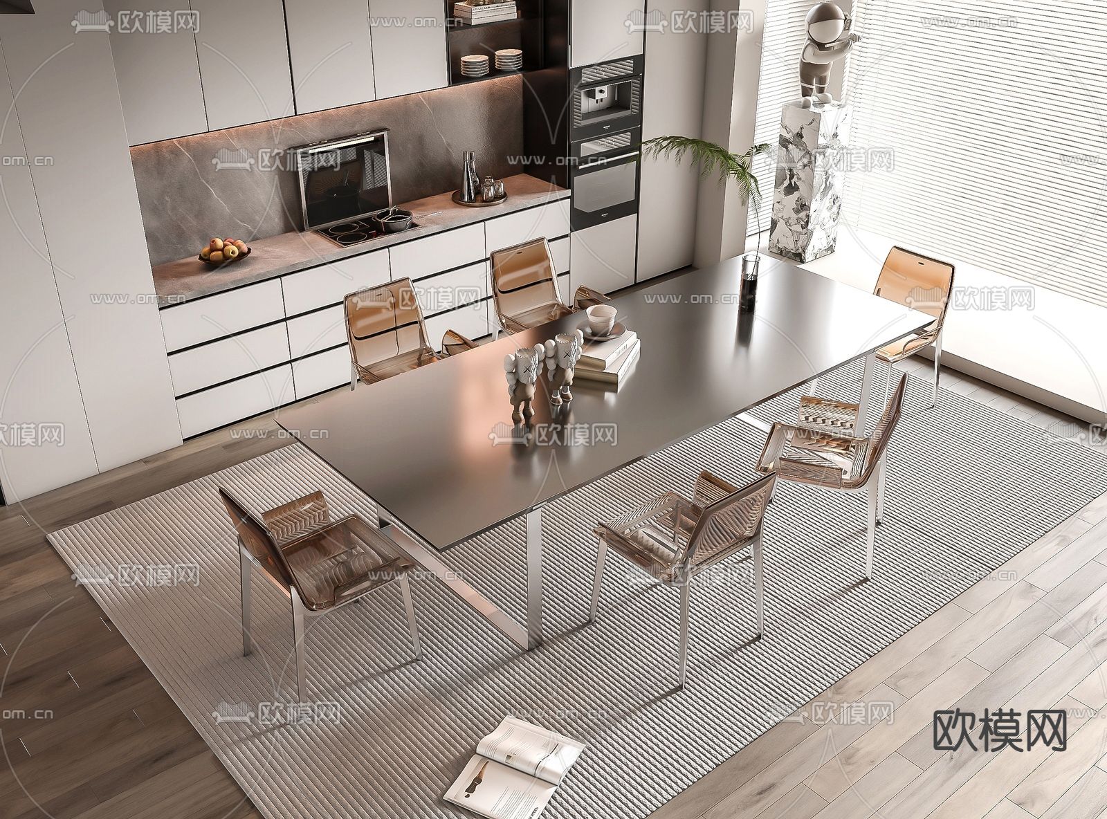 长条餐桌椅su模型下载（渲染图1）