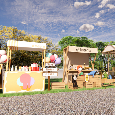  流动摊位  售货亭 小吃摊su模型 