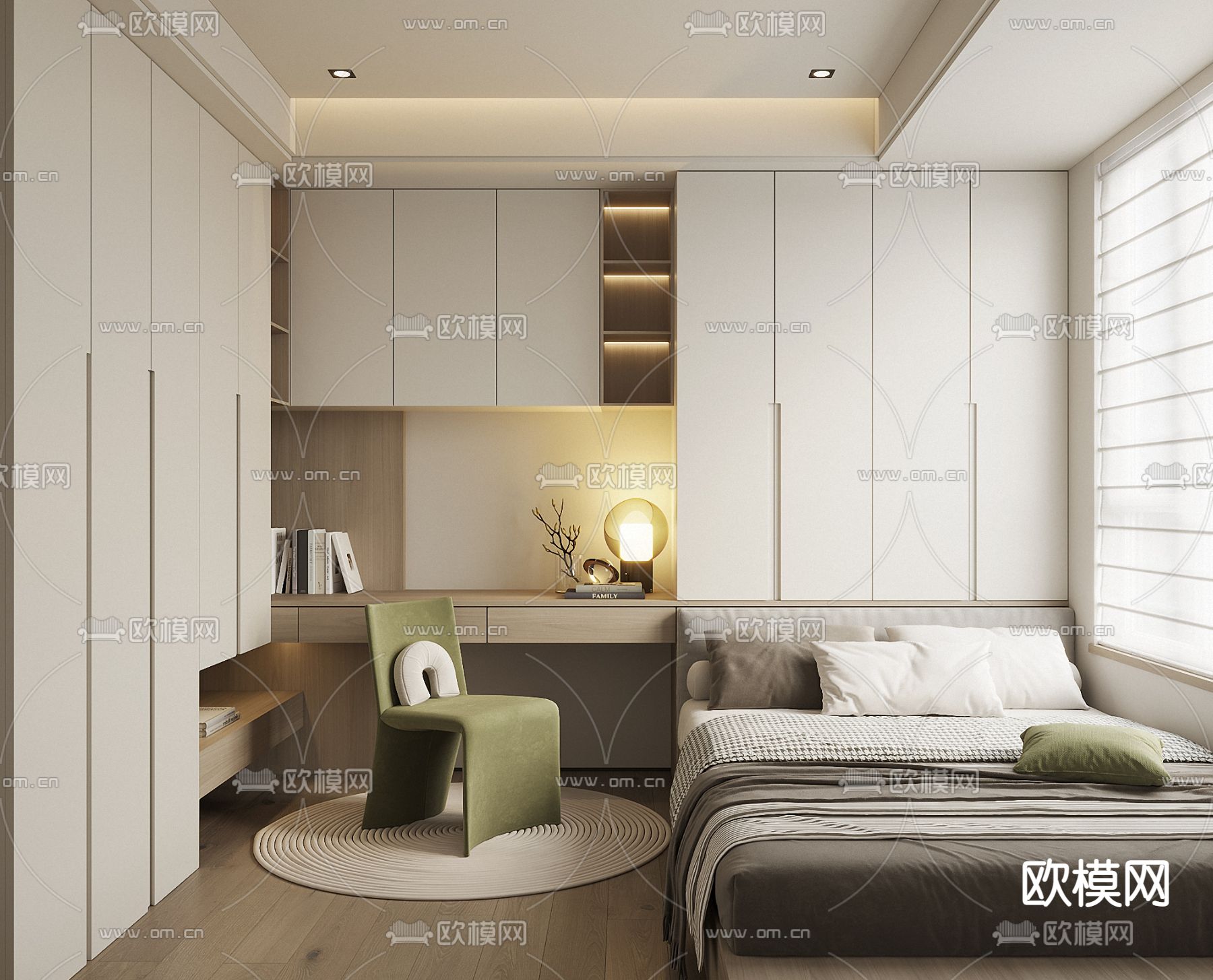 奶油榻榻米卧室 次卧su模型下载（渲染图1）