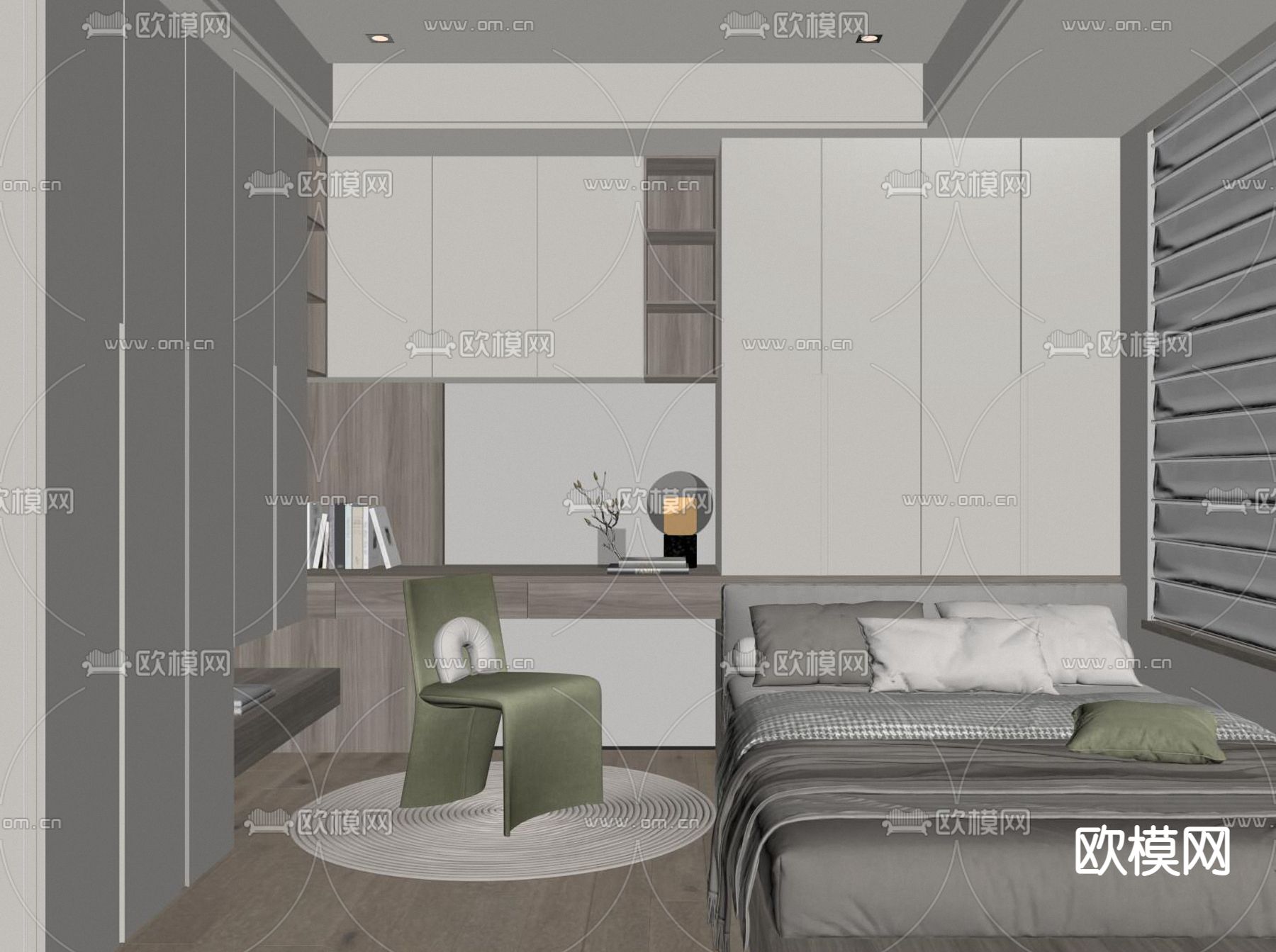 奶油榻榻米卧室 次卧su模型下载（渲染图2）