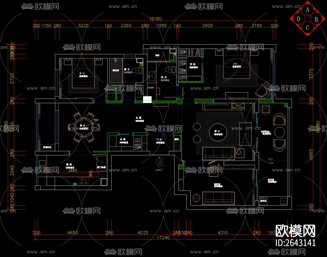 现代3室2厅2卫家装CAD施工图下载（渲染图3）