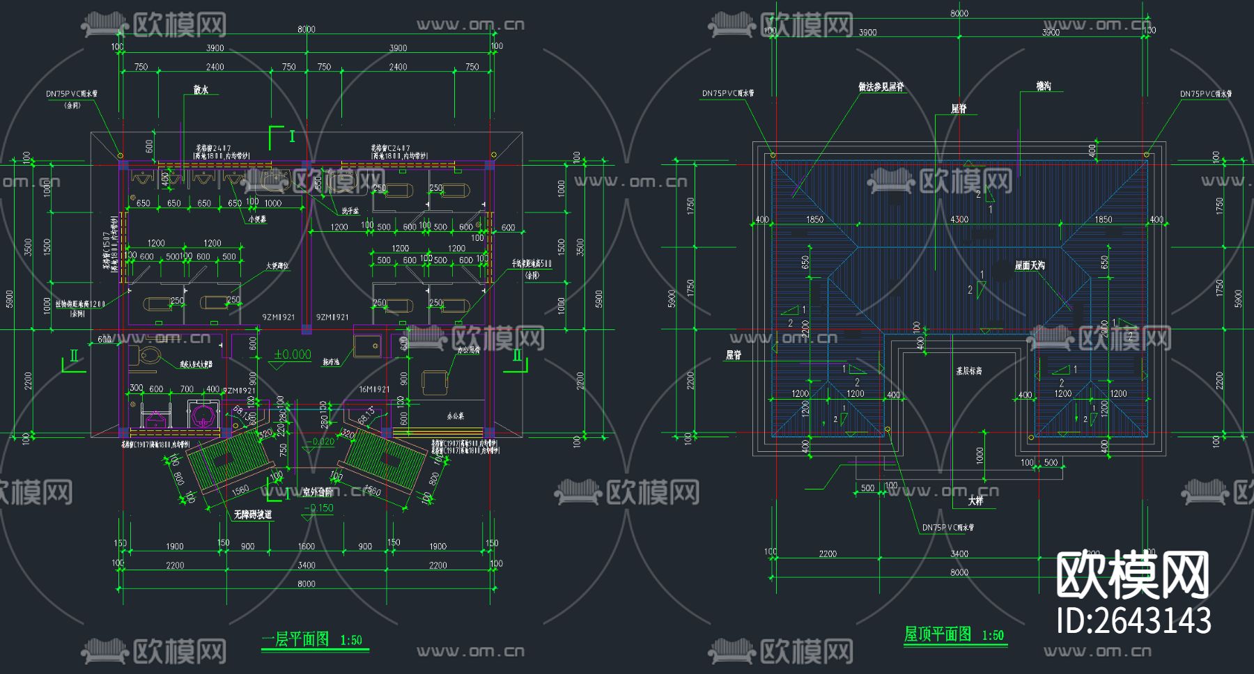 公共卫生间CAD施工图下载（渲染图2）