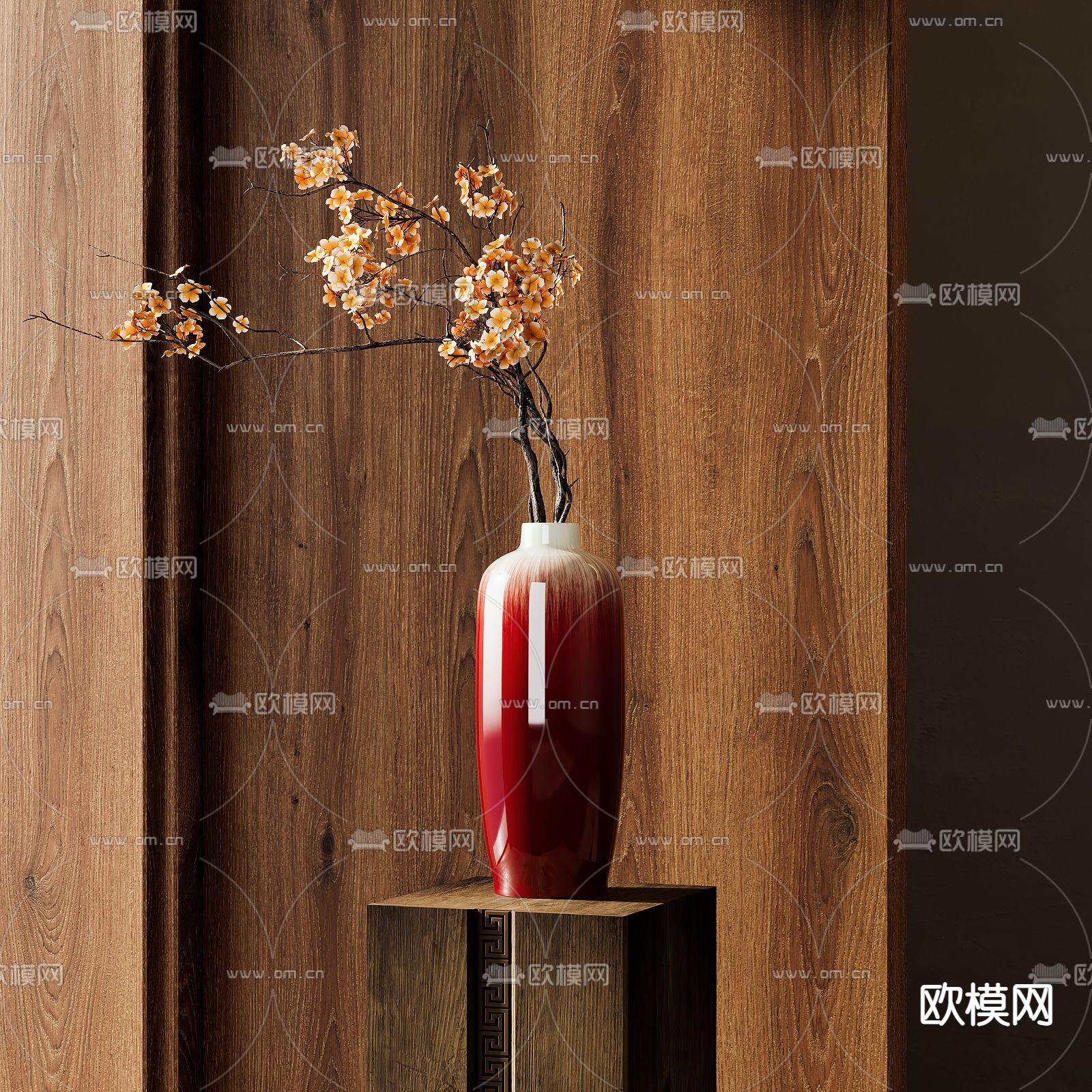 新中式花枝 陶罐 插花 花瓶su模型