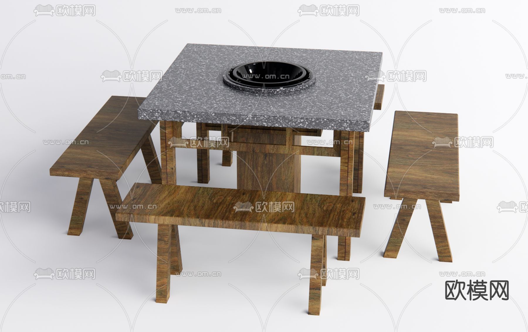 中式火锅桌 餐桌椅su模型下载（渲染图1）