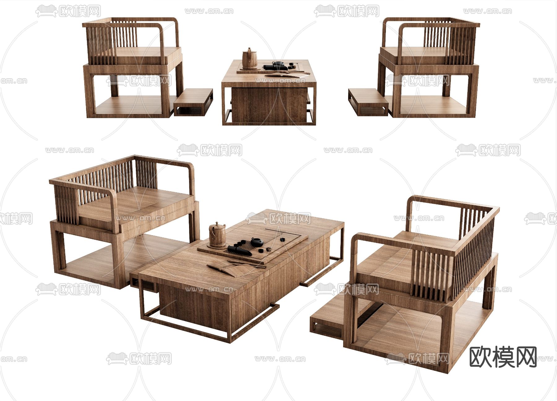 新中式茶桌 茶台su模型下载（渲染图1）