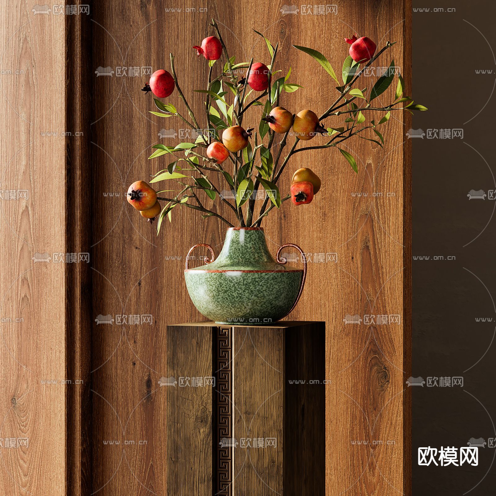 石榴枝 陶罐 插花 花瓶su模型