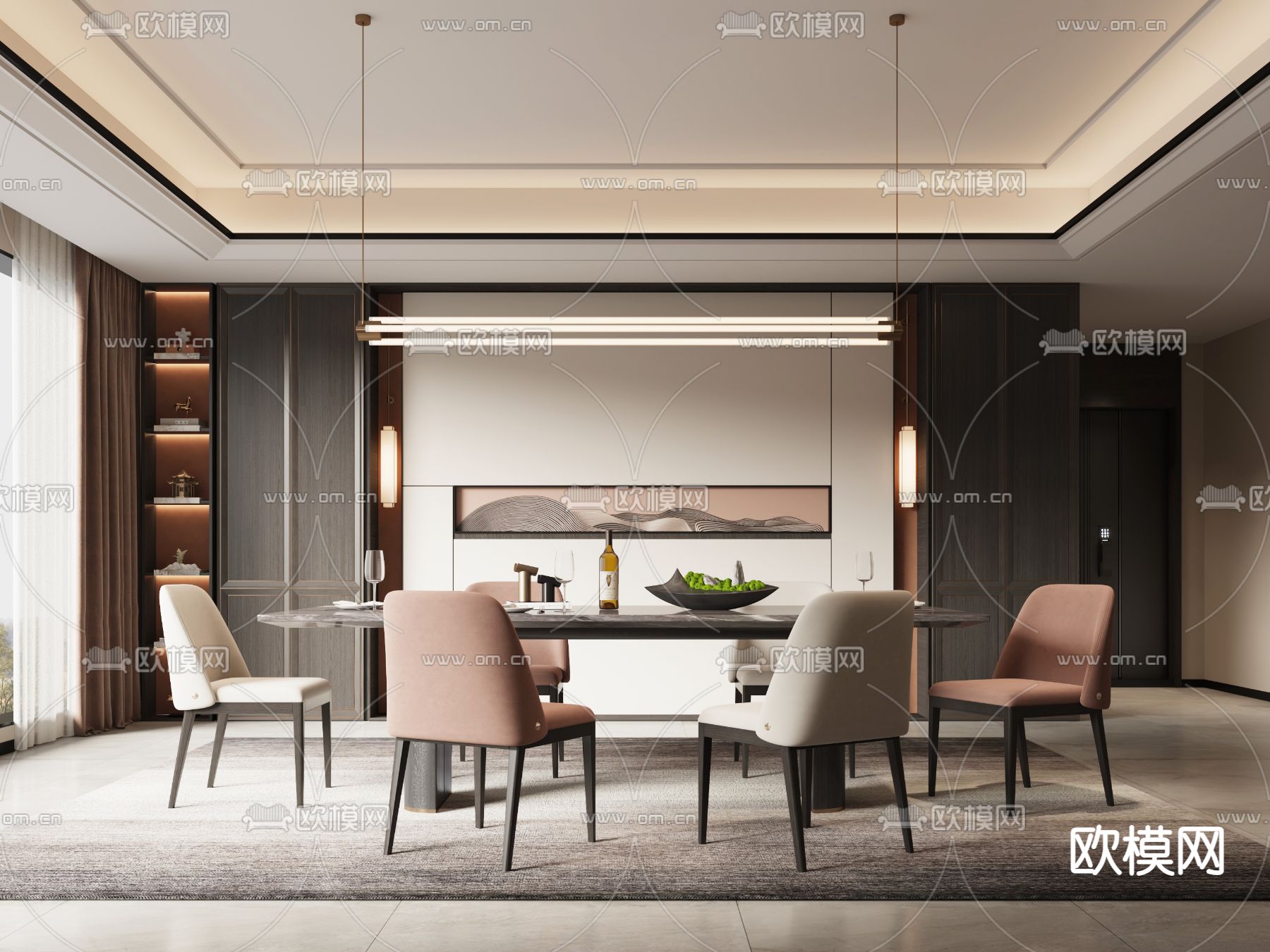 新中式餐厅su模型下载（渲染图1）
