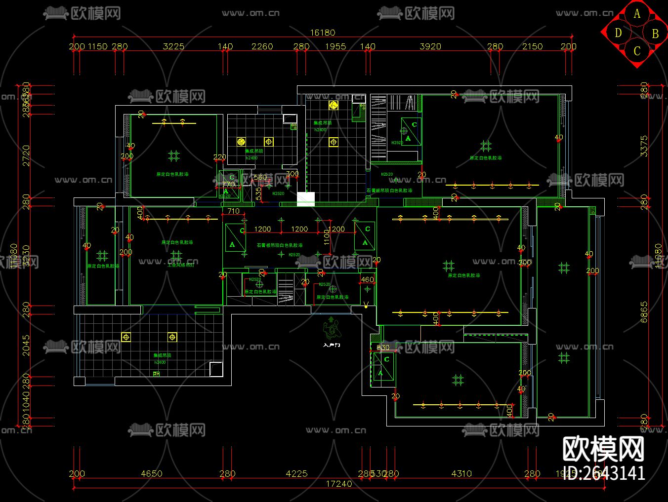 现代3室2厅2卫家装CAD施工图下载（渲染图4）