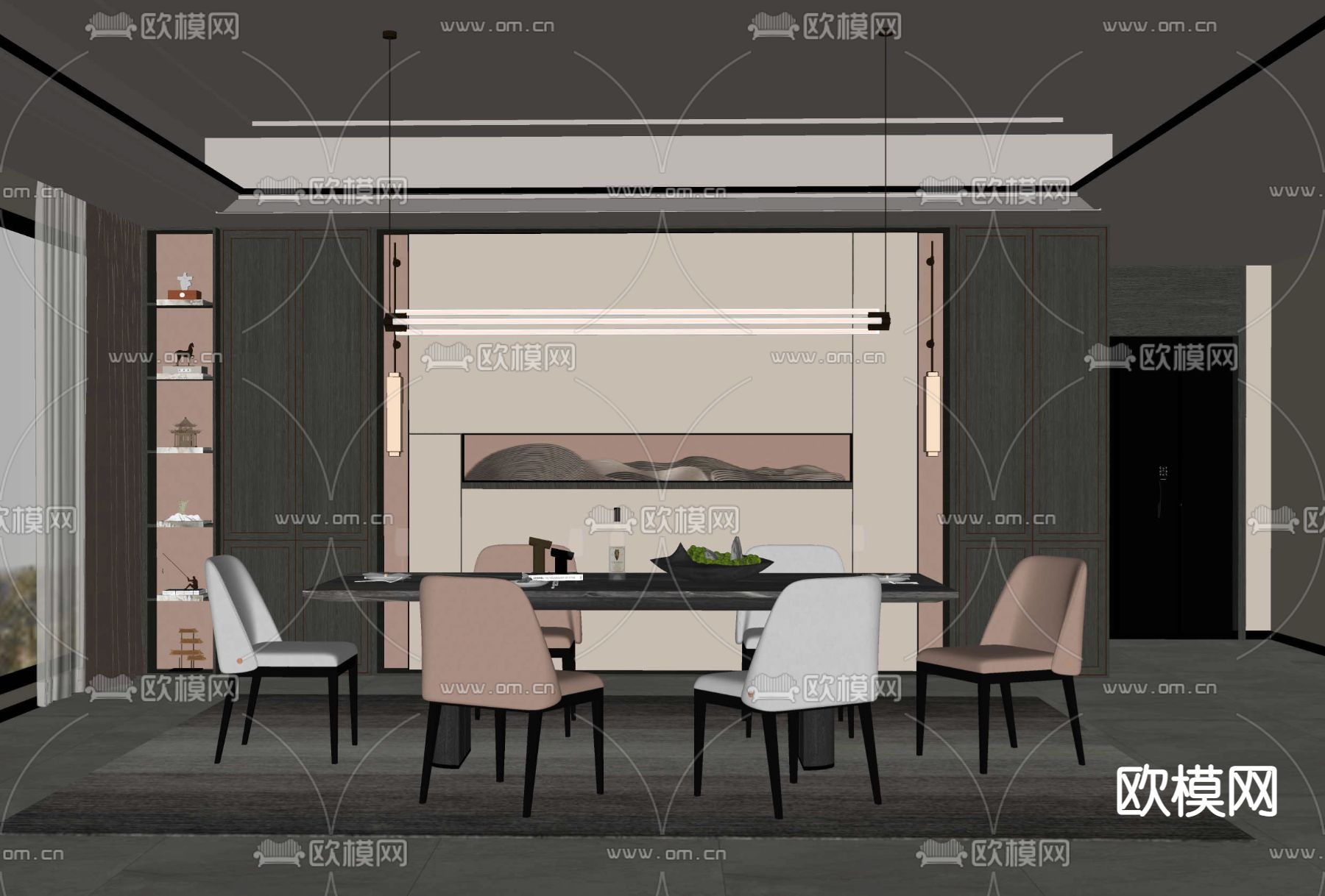 新中式餐厅su模型下载（渲染图2）