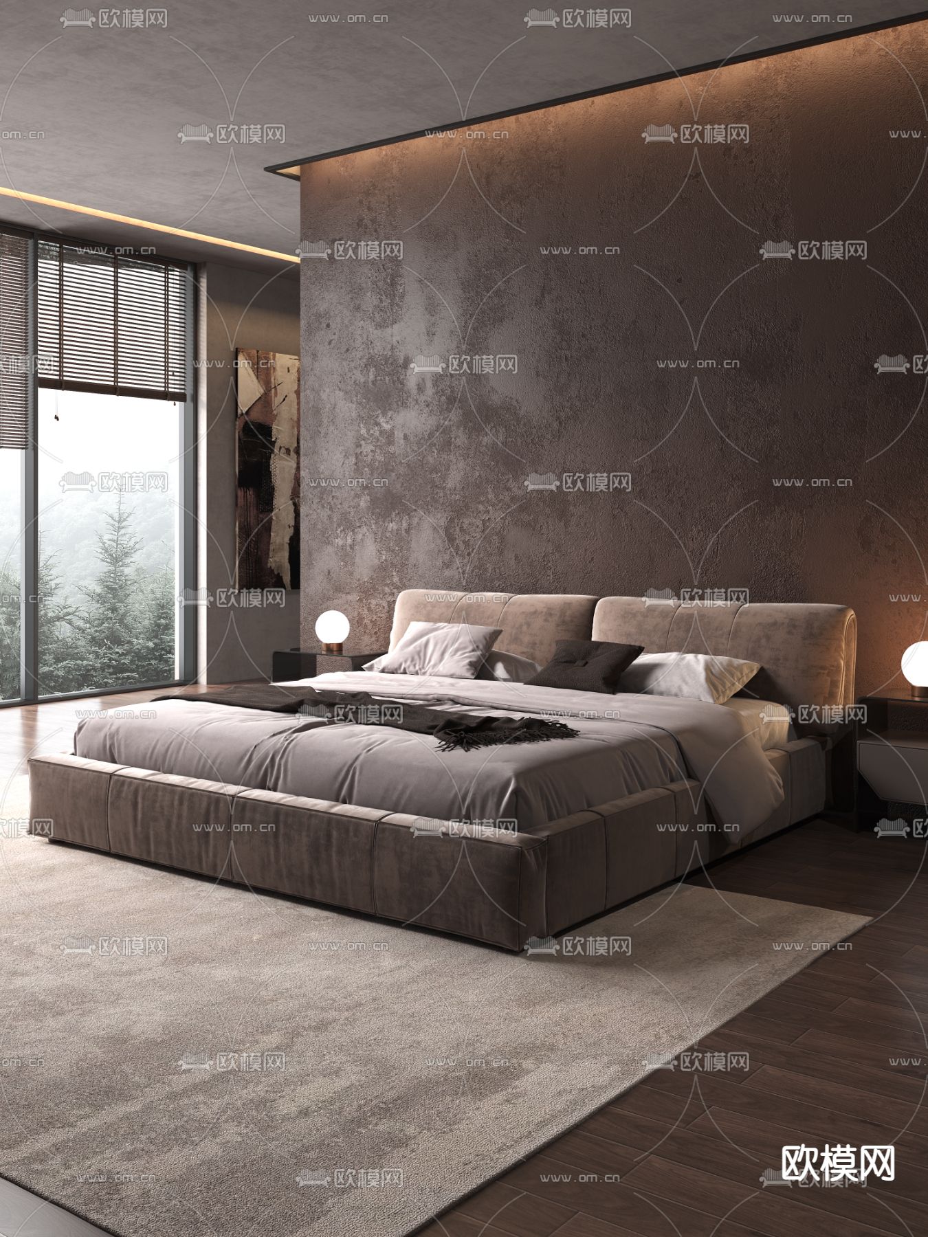 侘寂双人床3d模型下载（渲染图1）