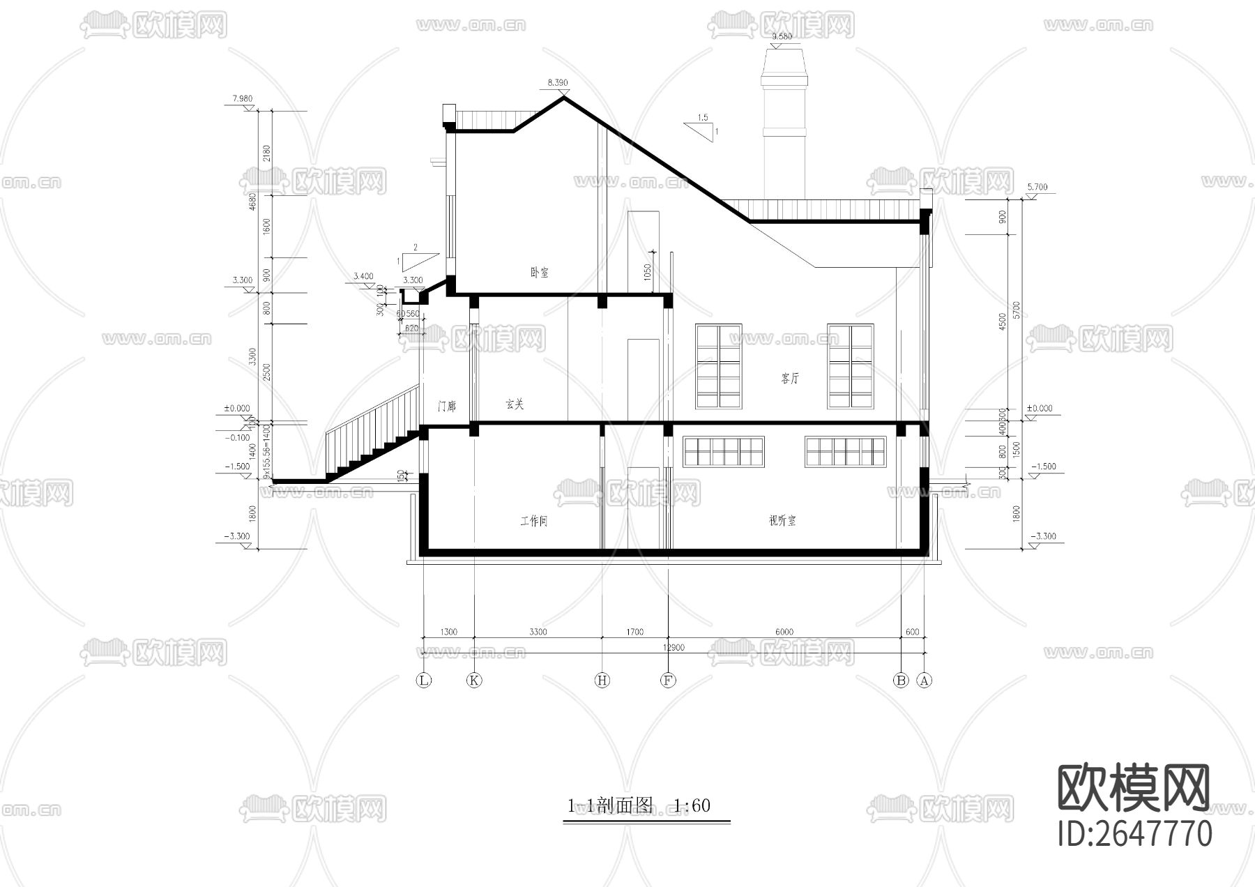 二层带地下室精品小别墅cad施工图下载（渲染图2）