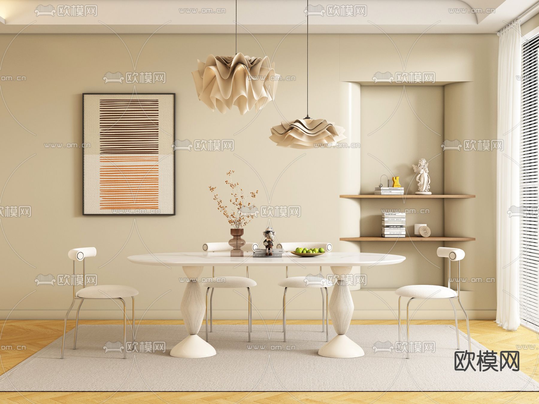 奶油风餐桌椅3d模型下载