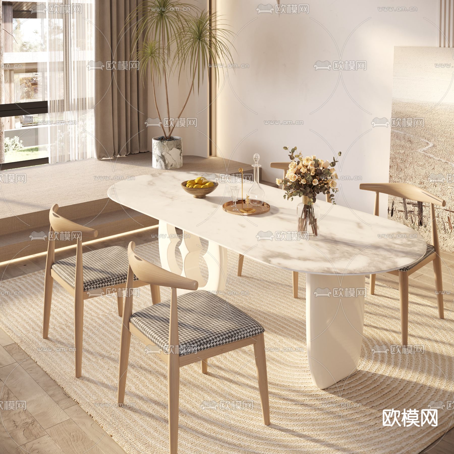 奶油风餐桌椅3d模型下载