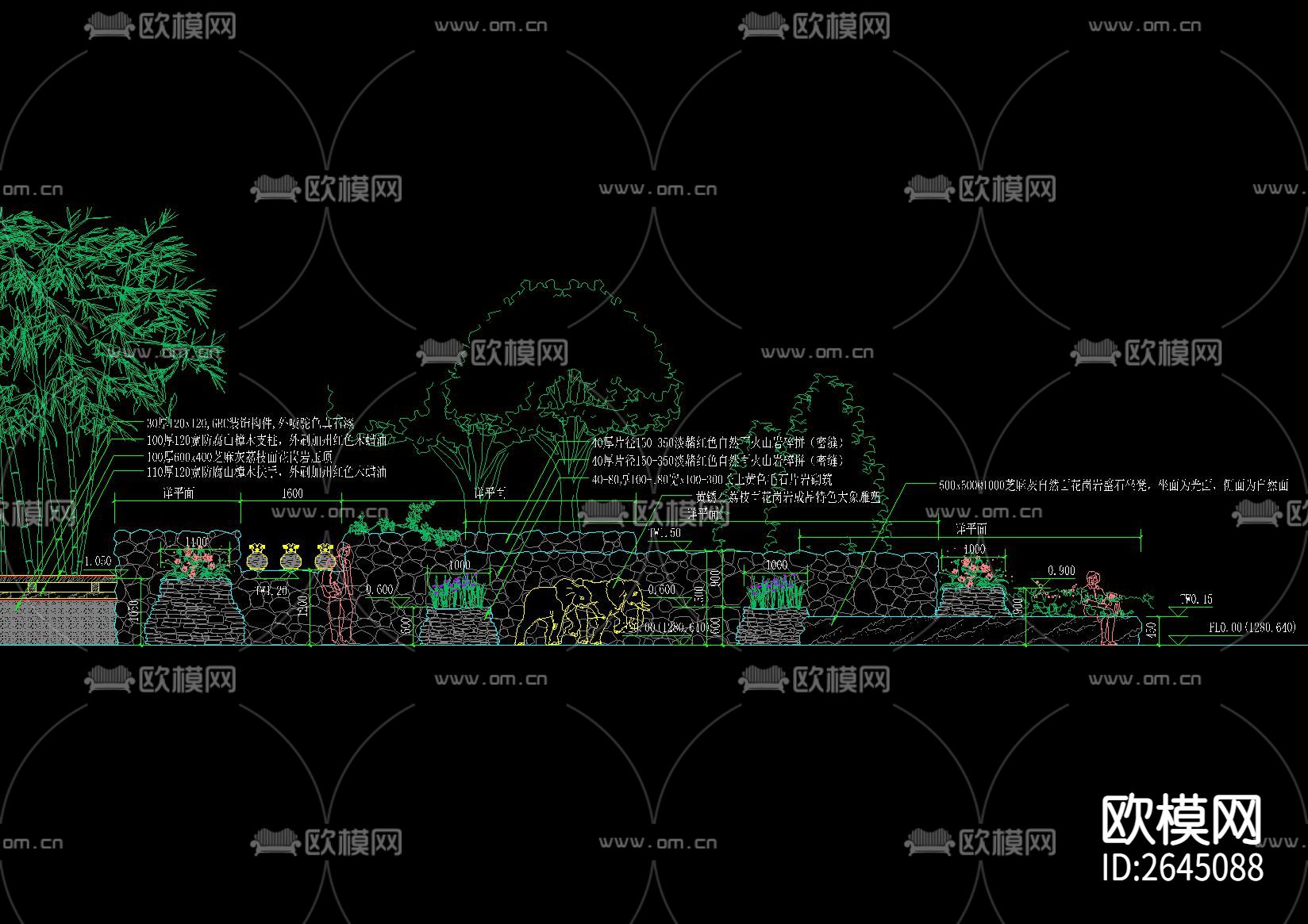 新中式毛石景墙CAD施工图下载（渲染图1）
