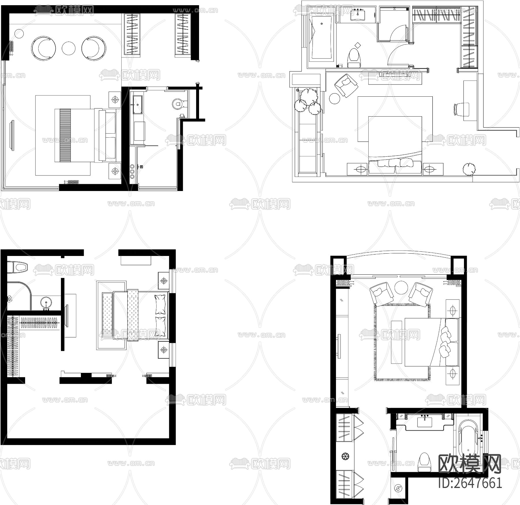 130套卧室平面方案cad施工图下载（渲染图4）