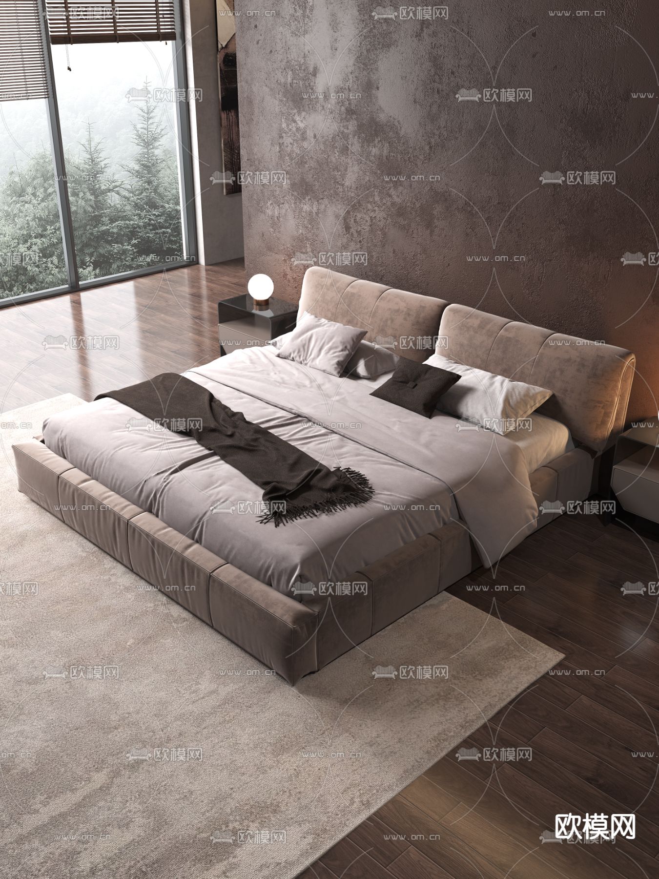 侘寂双人床3d模型下载（渲染图2）
