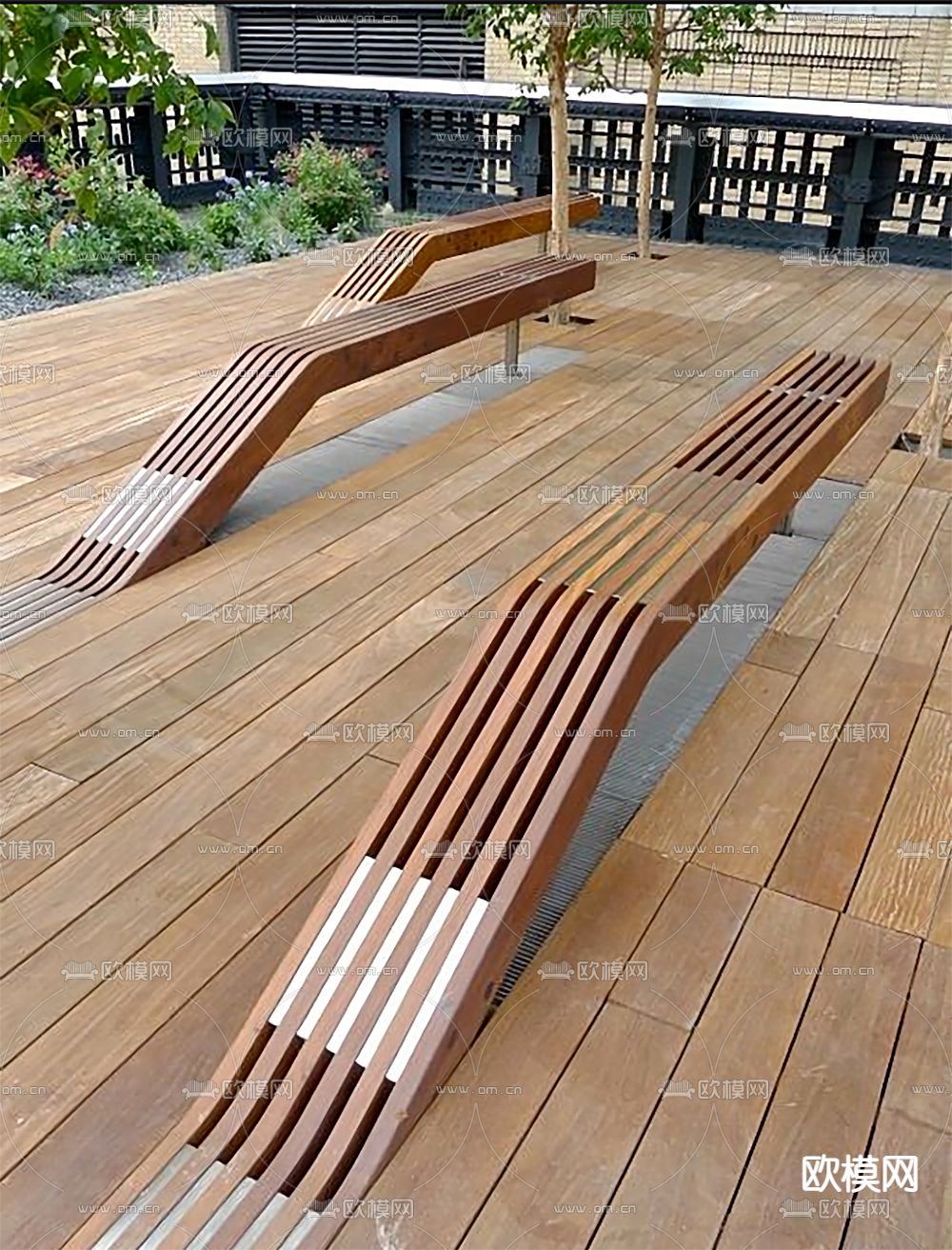 木栅格长凳 公用椅su模型下载（渲染图1）