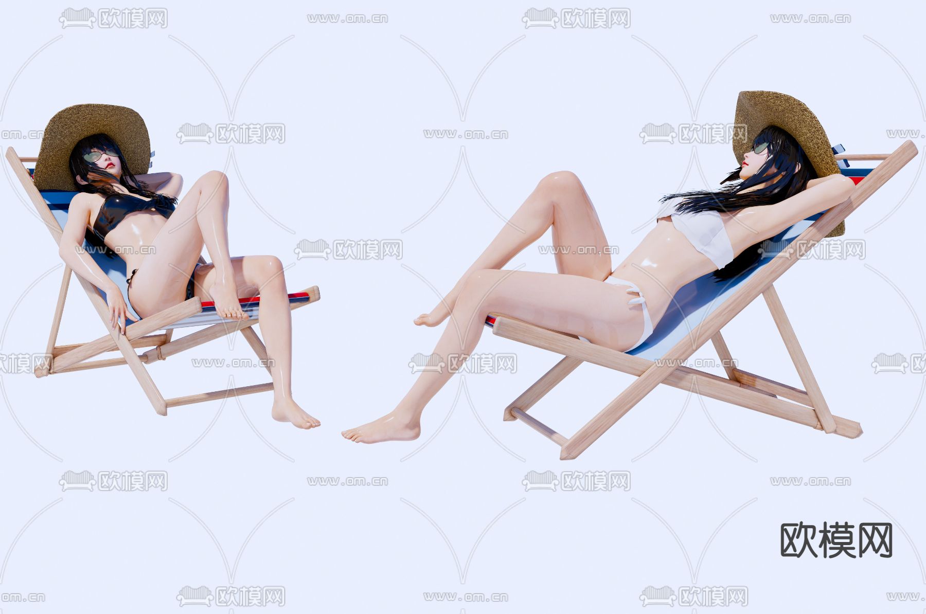 沙滩椅 躺椅 遮阳伞su模型下载（渲染图2）