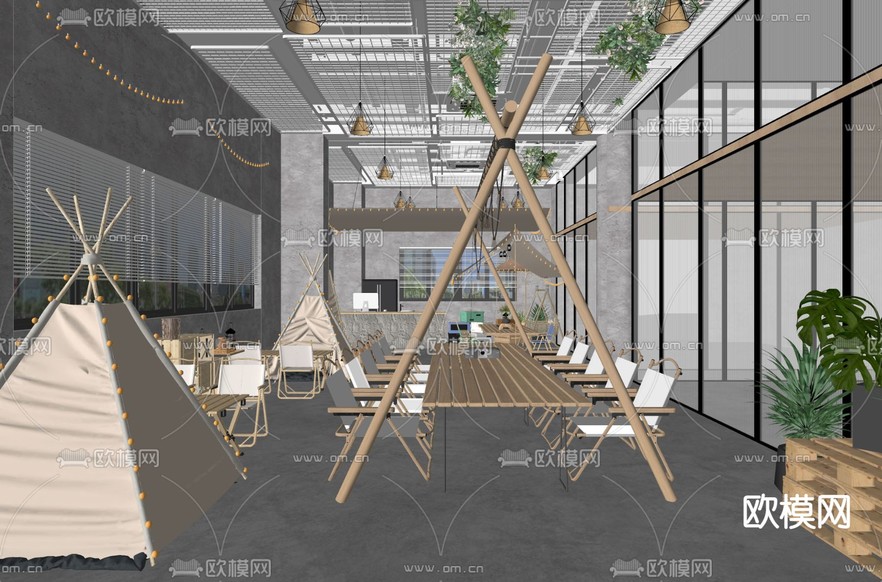 现代露营风主题网红餐厅su模型下载(渲染图2)