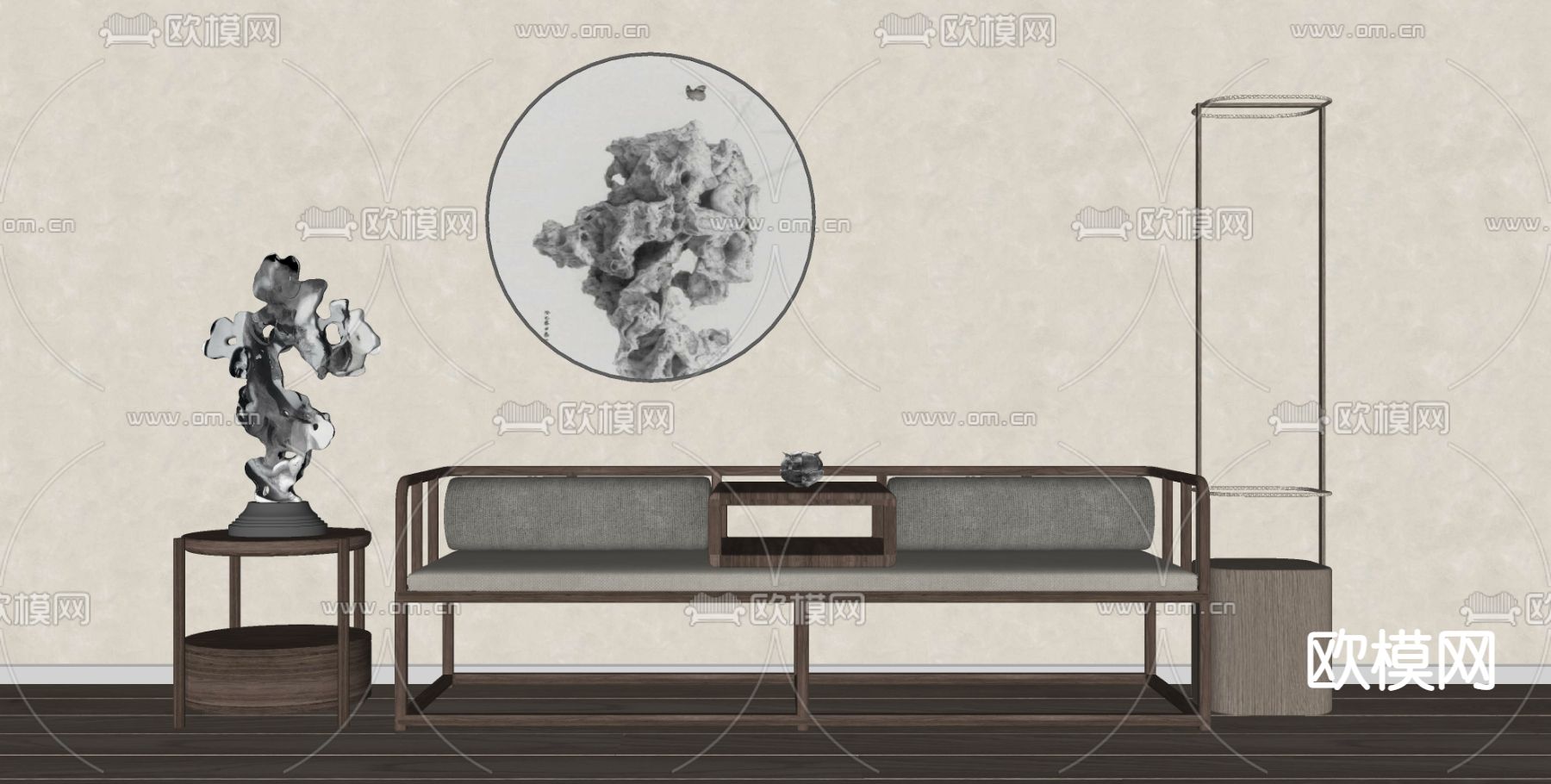 新中式罗汉床su模型下载（渲染图2）