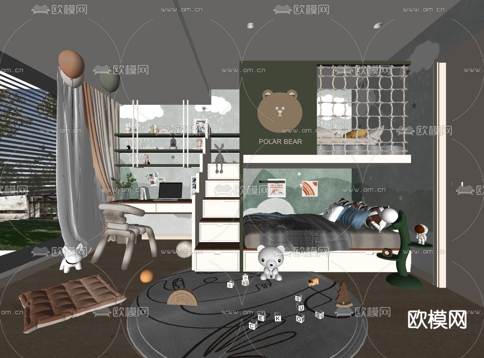 儿童房 小孩房 上下铺su模型下载（渲染图2）