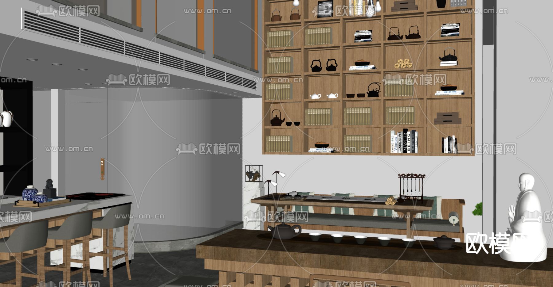 新中式茶馆会所大堂su模型下载（渲染图3）