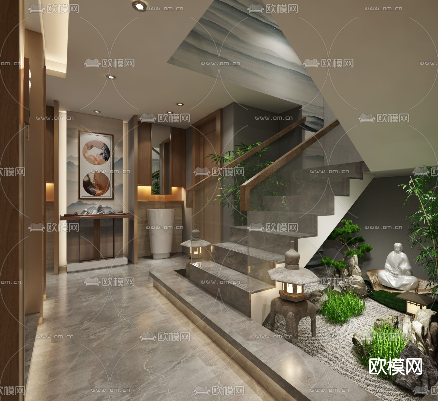 新中式茶馆会所大堂su模型下载（渲染图2）