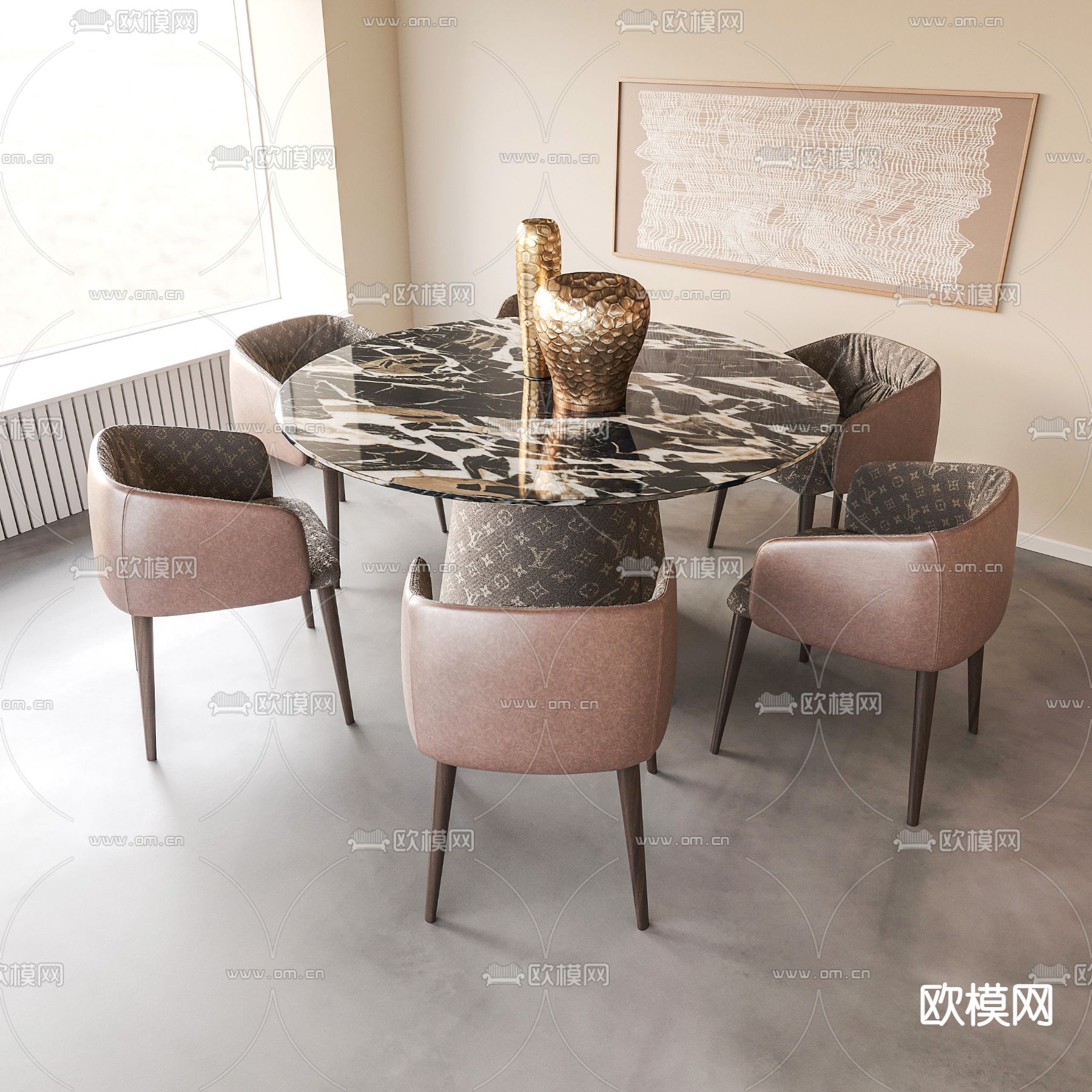 圆餐桌椅su模型下载（渲染图1）