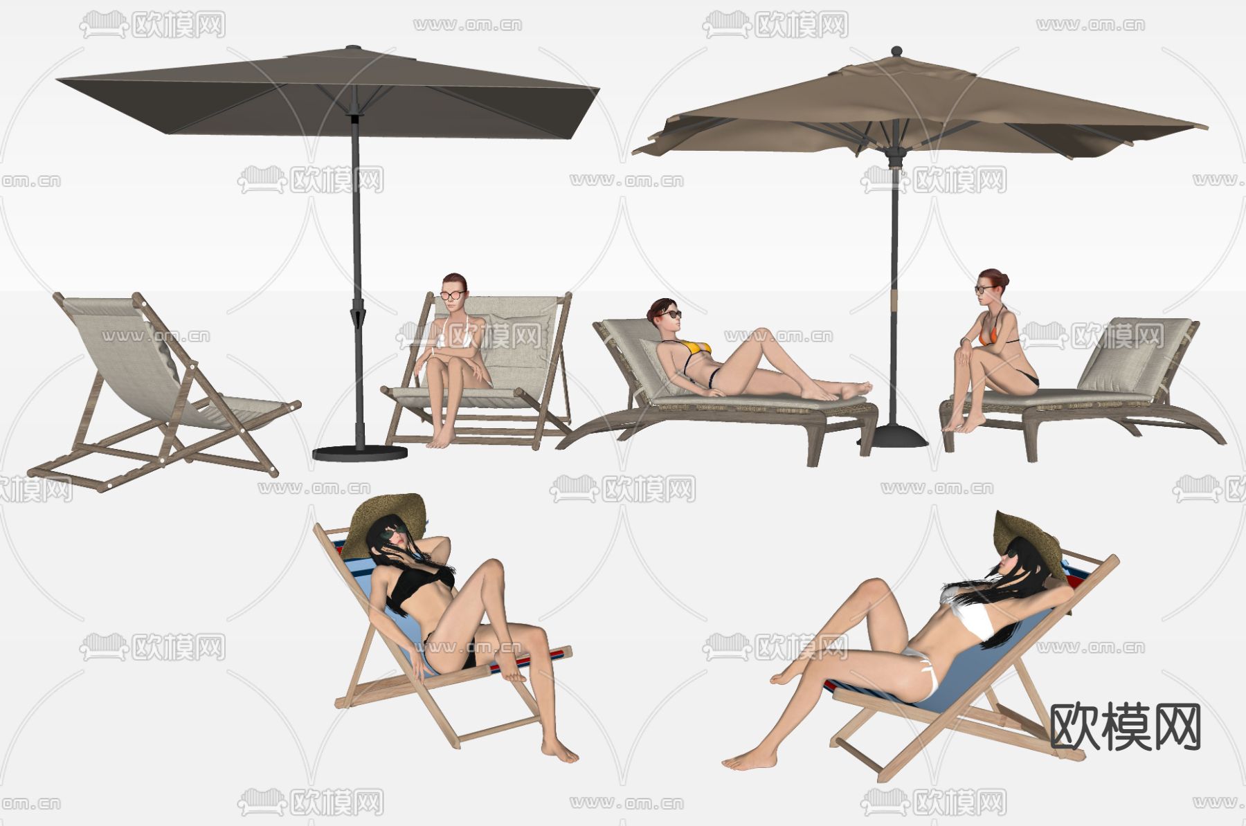 沙滩椅 躺椅 遮阳伞su模型下载（渲染图3）