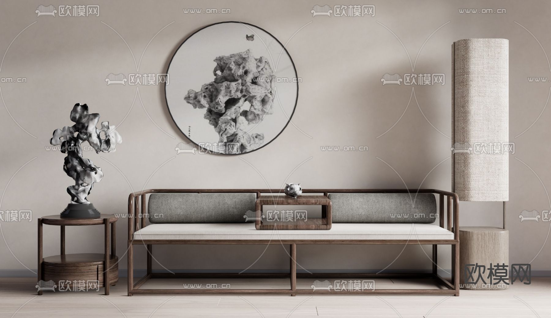 新中式罗汉床su模型下载（渲染图1）