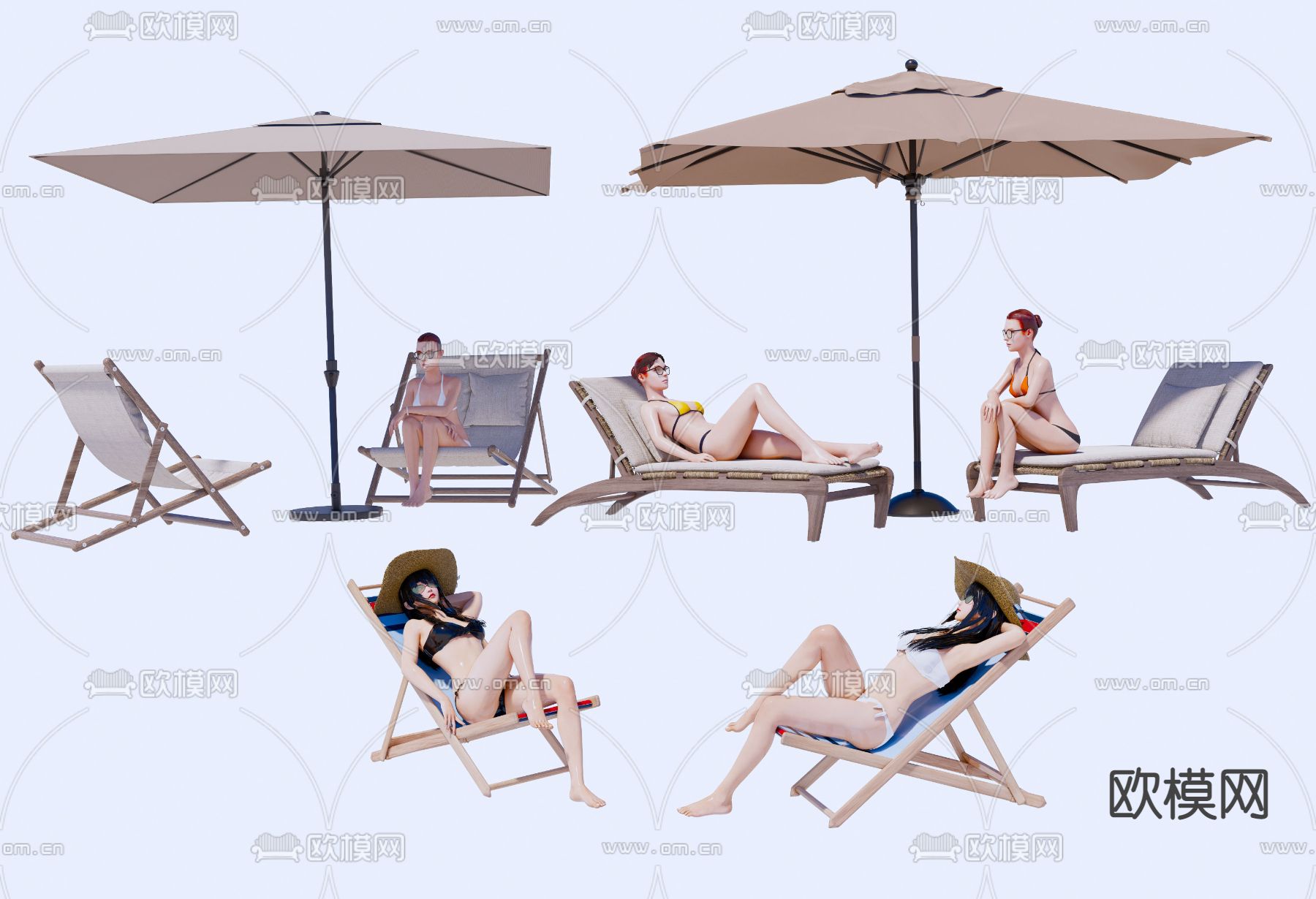 沙滩椅 躺椅 遮阳伞su模型下载（渲染图1）