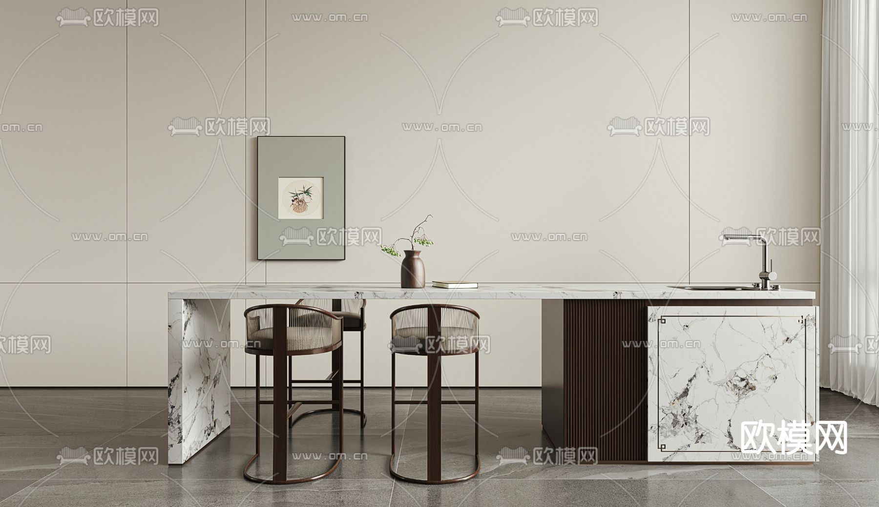 新中式吧台 吧椅3d模型下载