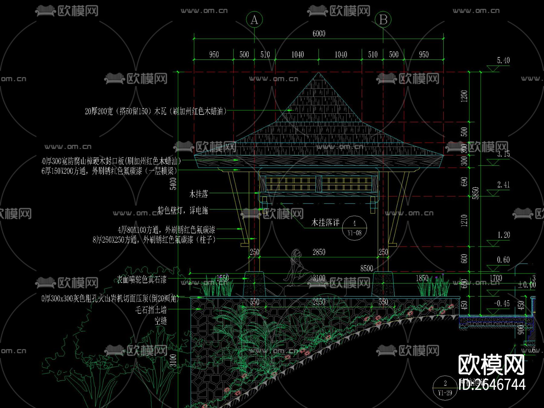 木屋顶廊亭CAD节点大样下载（渲染图2）