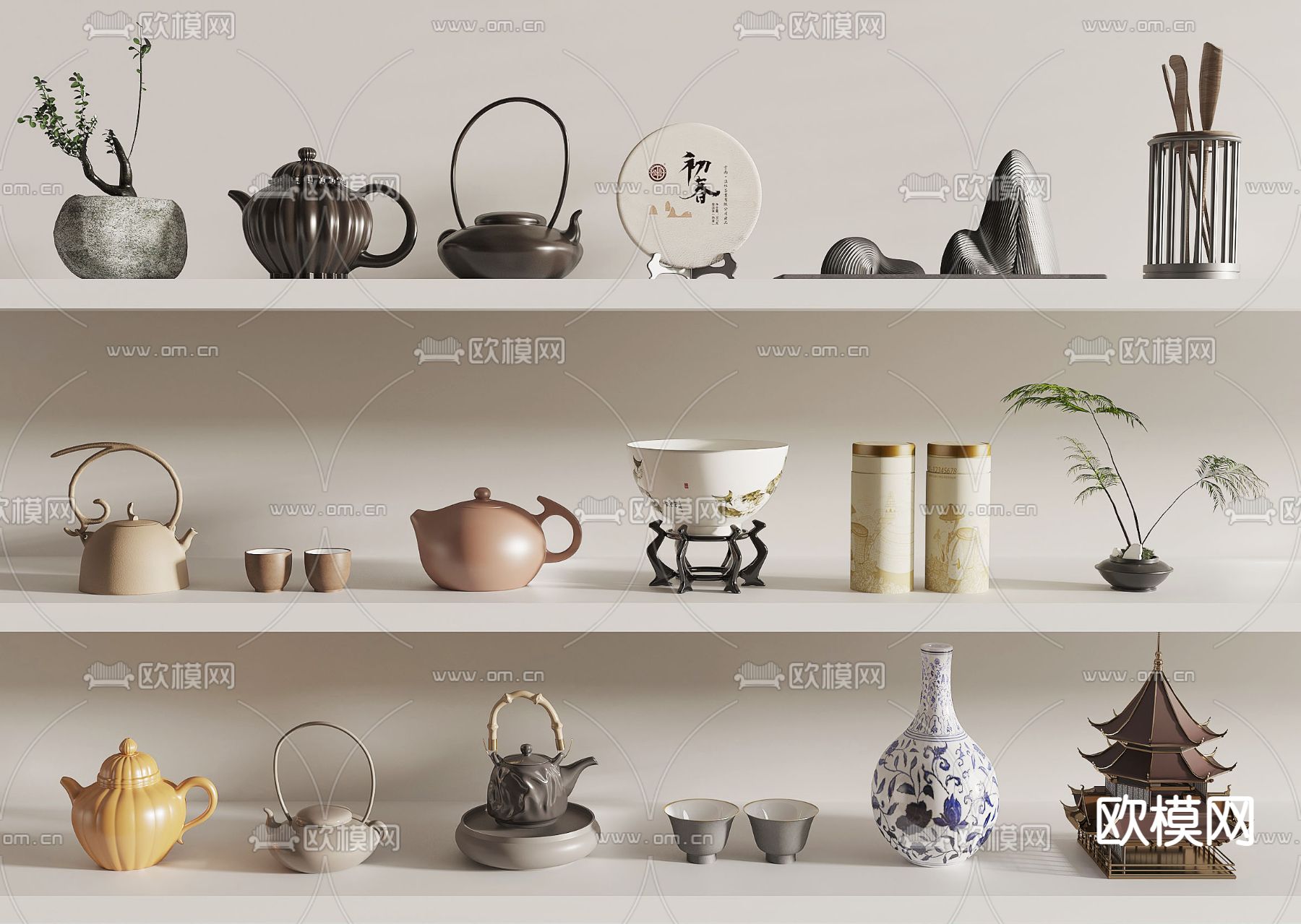 新中式茶具 茶壶 茶饼3d模型下载_ID14097159_3dmax免费模型-欧模网